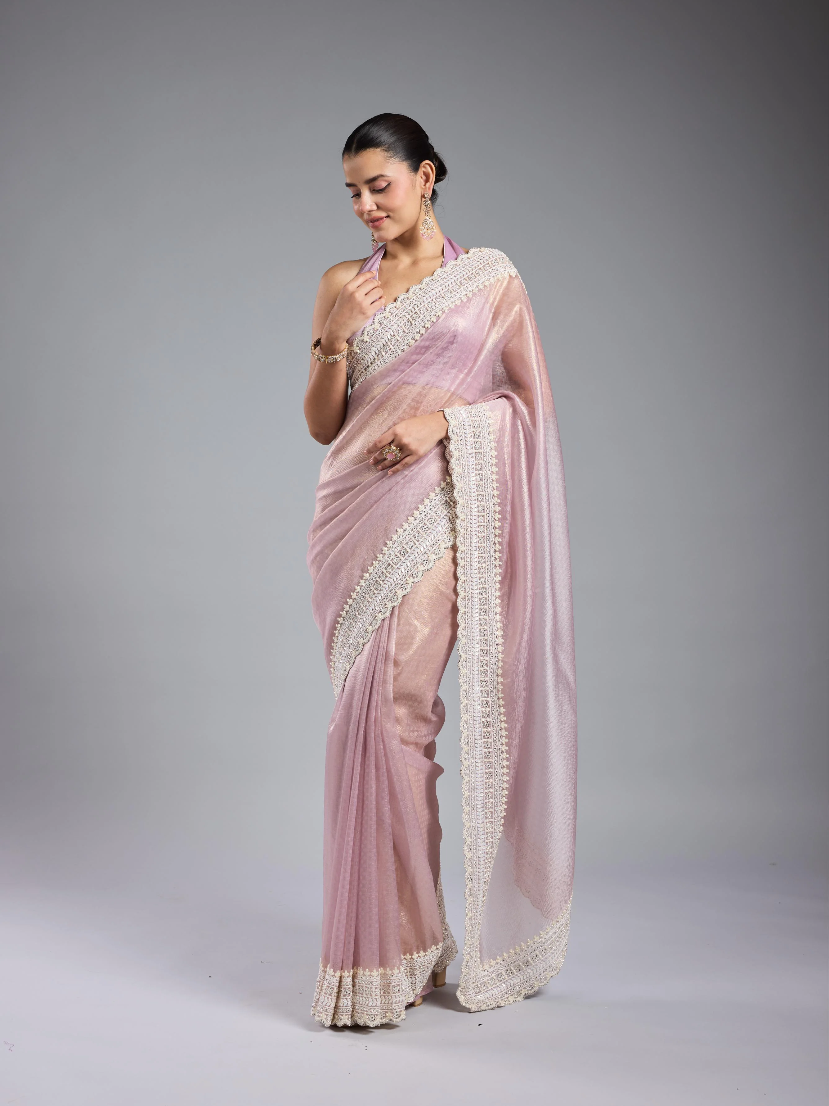 Pastel Pink Embroidered Shimmer Silk Saree - Image 2