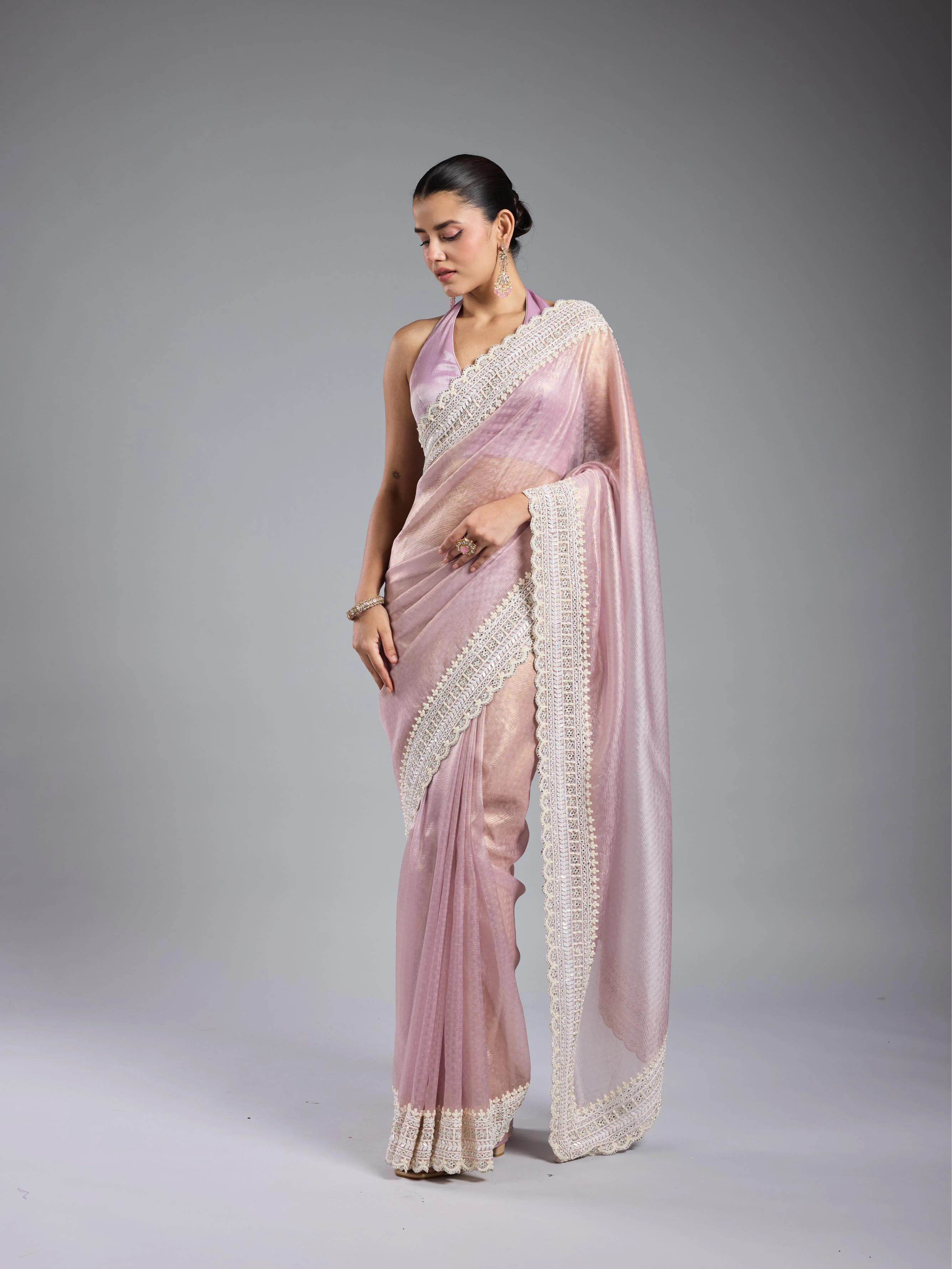 Pastel Pink Embroidered Shimmer Silk Saree - Image 3