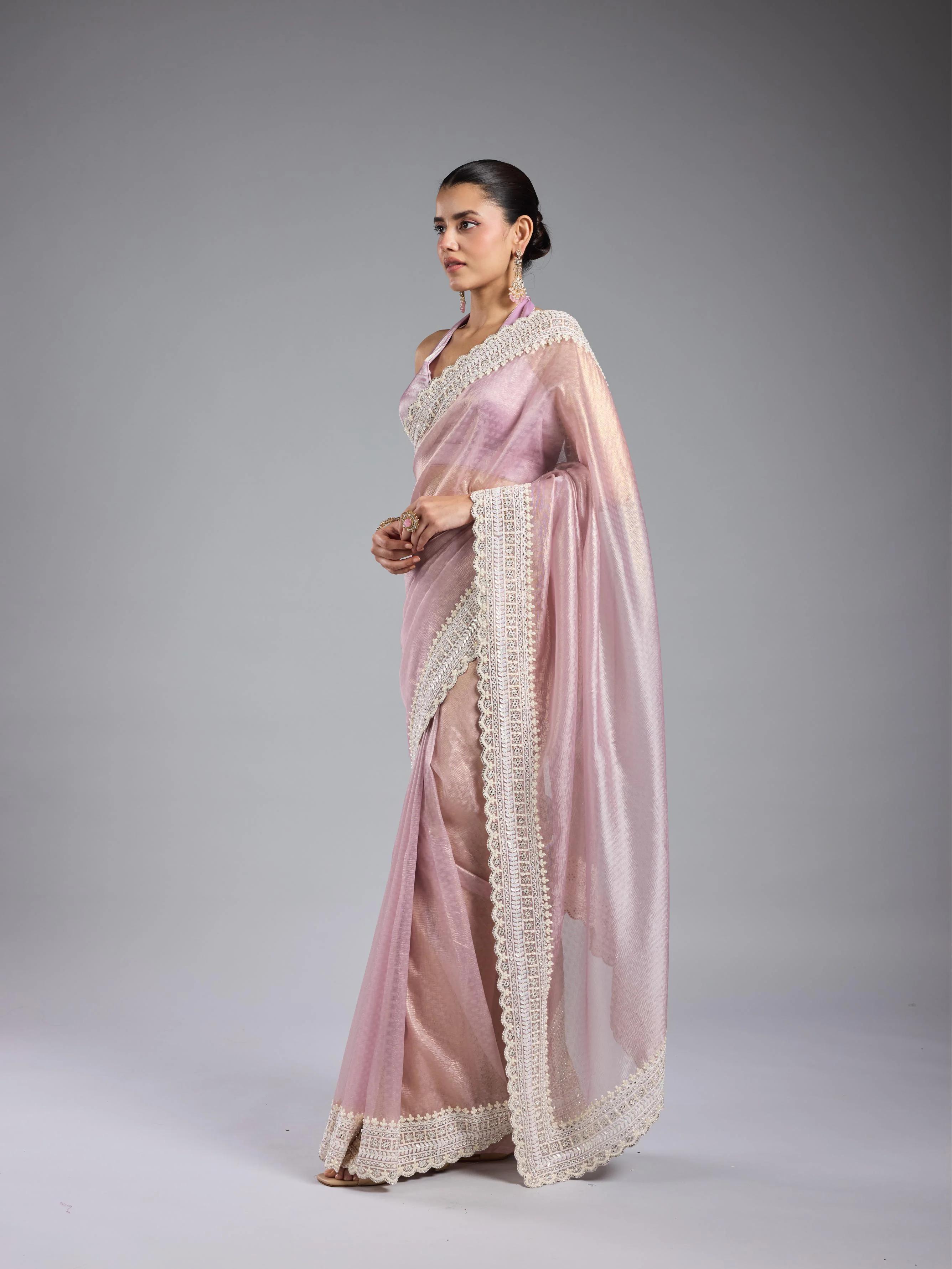 Pastel Pink Embroidered Shimmer Silk Saree - Image 4