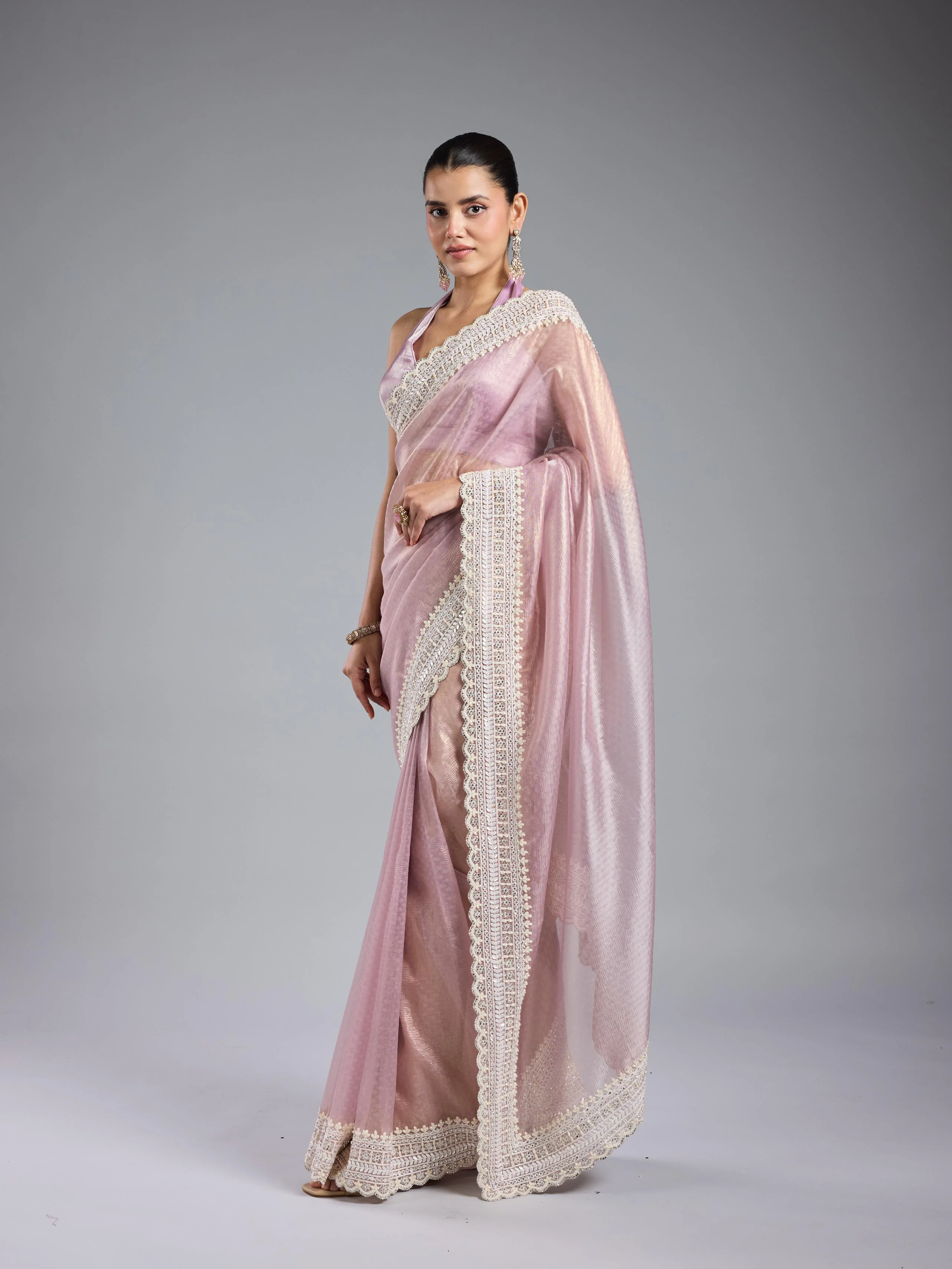 Pastel Pink Embroidered Shimmer Silk Saree - Image 5