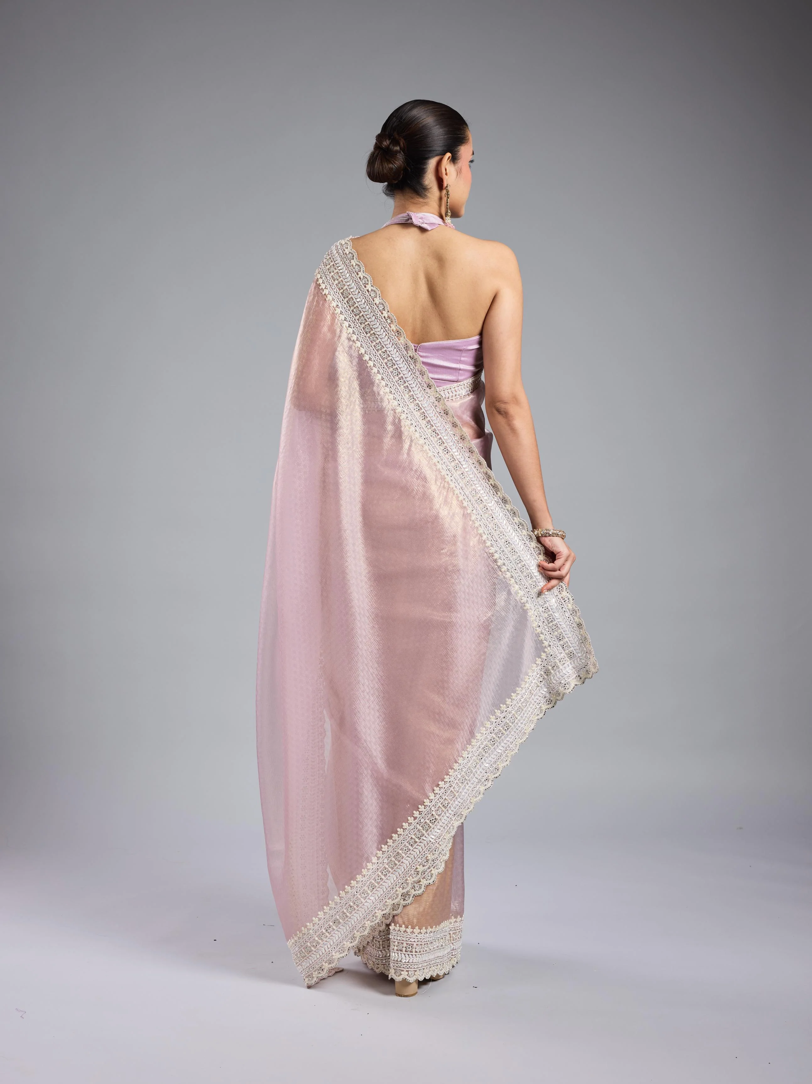Pastel Pink Embroidered Shimmer Silk Saree - Image 6