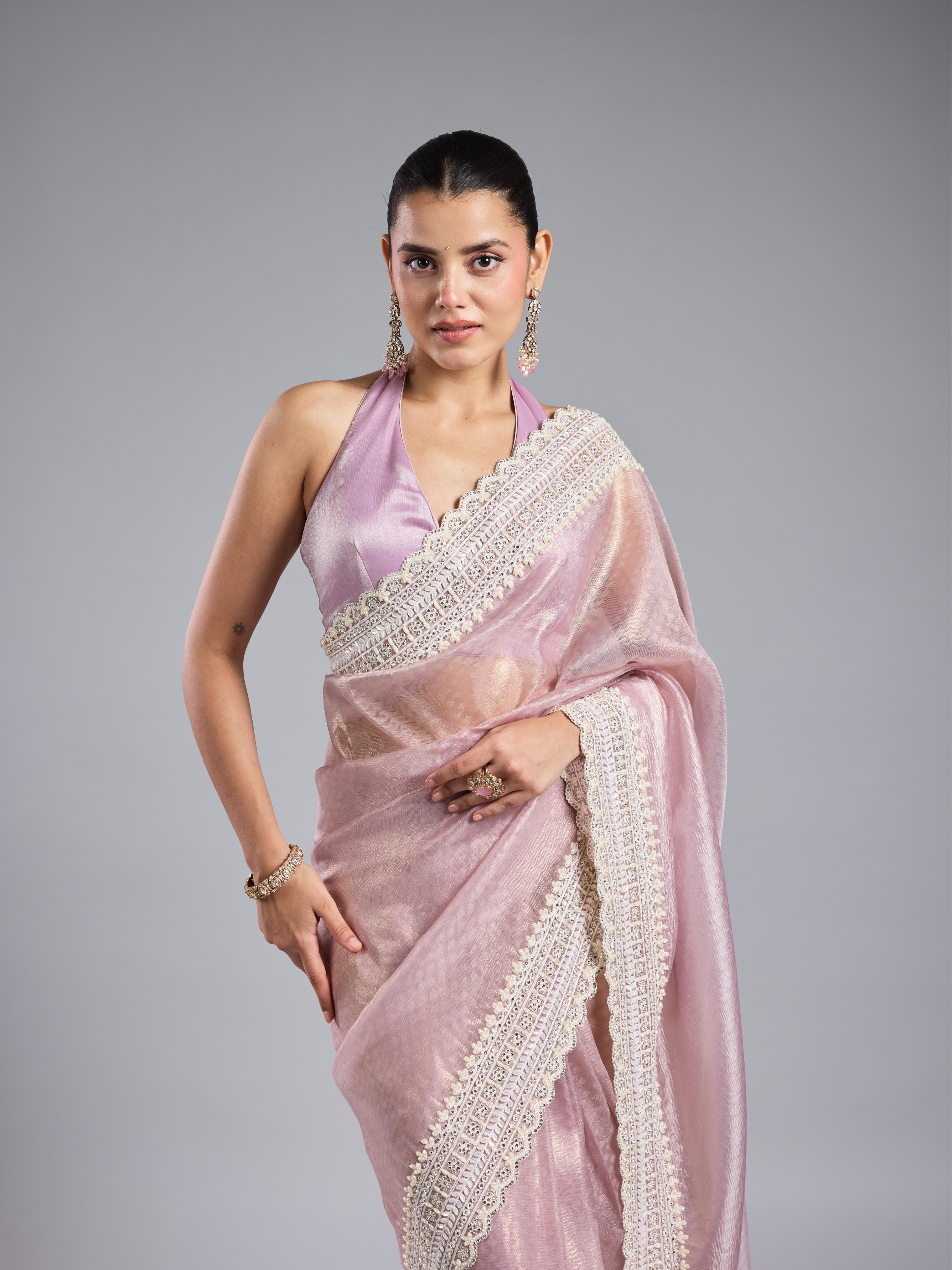 Pastel Pink Embroidered Shimmer Silk Saree - Image 7
