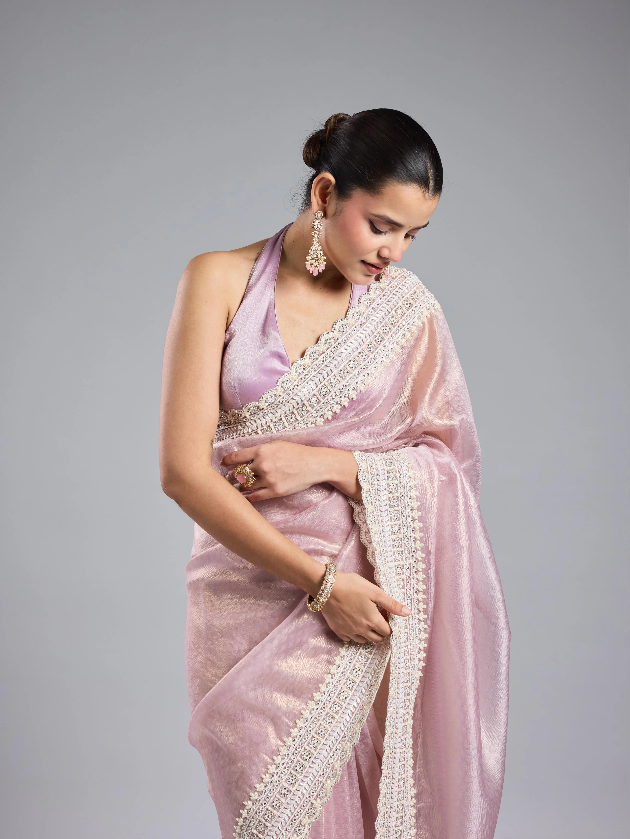 Pastel Pink Embroidered Shimmer Silk Saree - Image 8