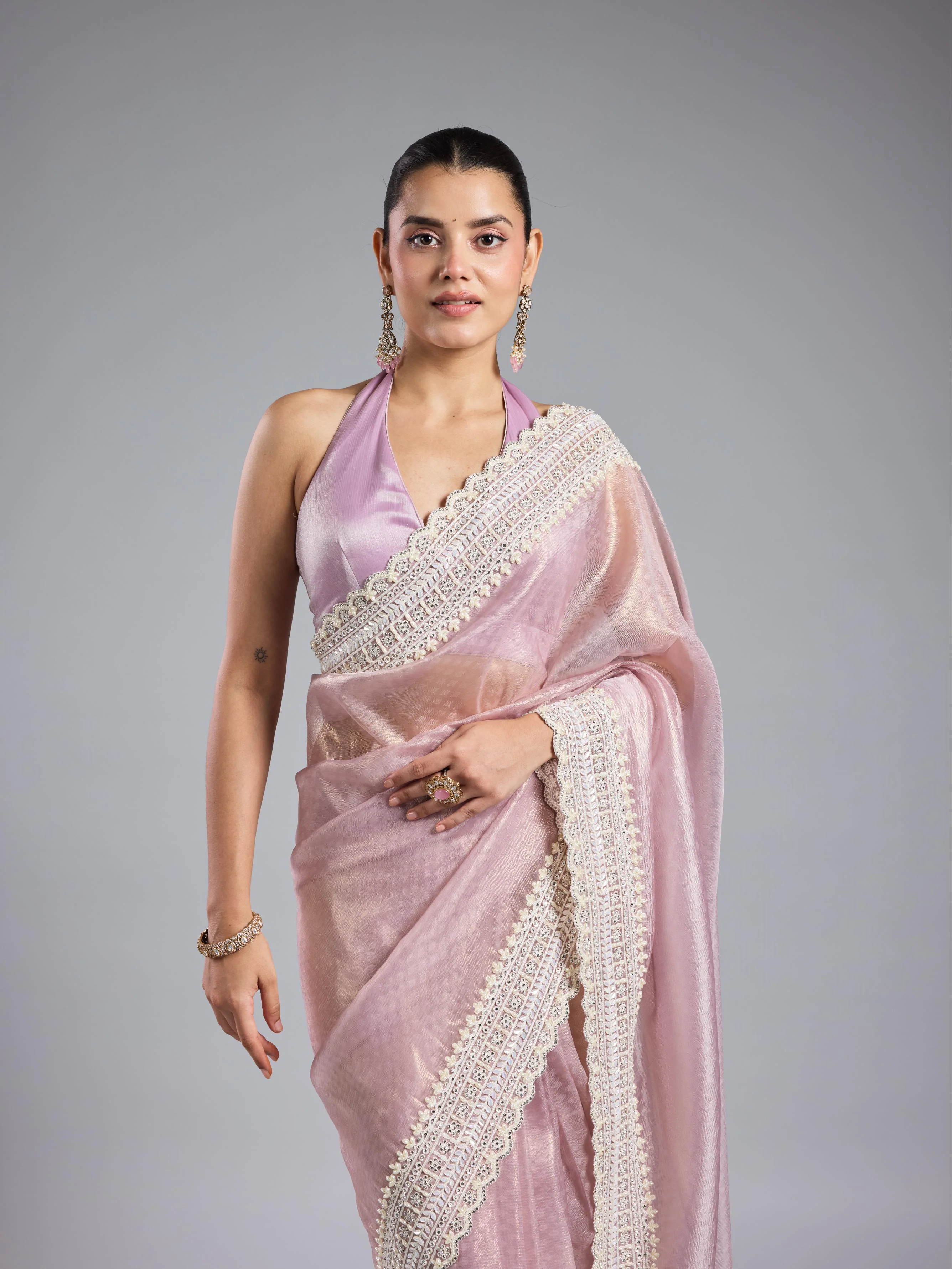 Pastel Pink Embroidered Shimmer Silk Saree - Image 9