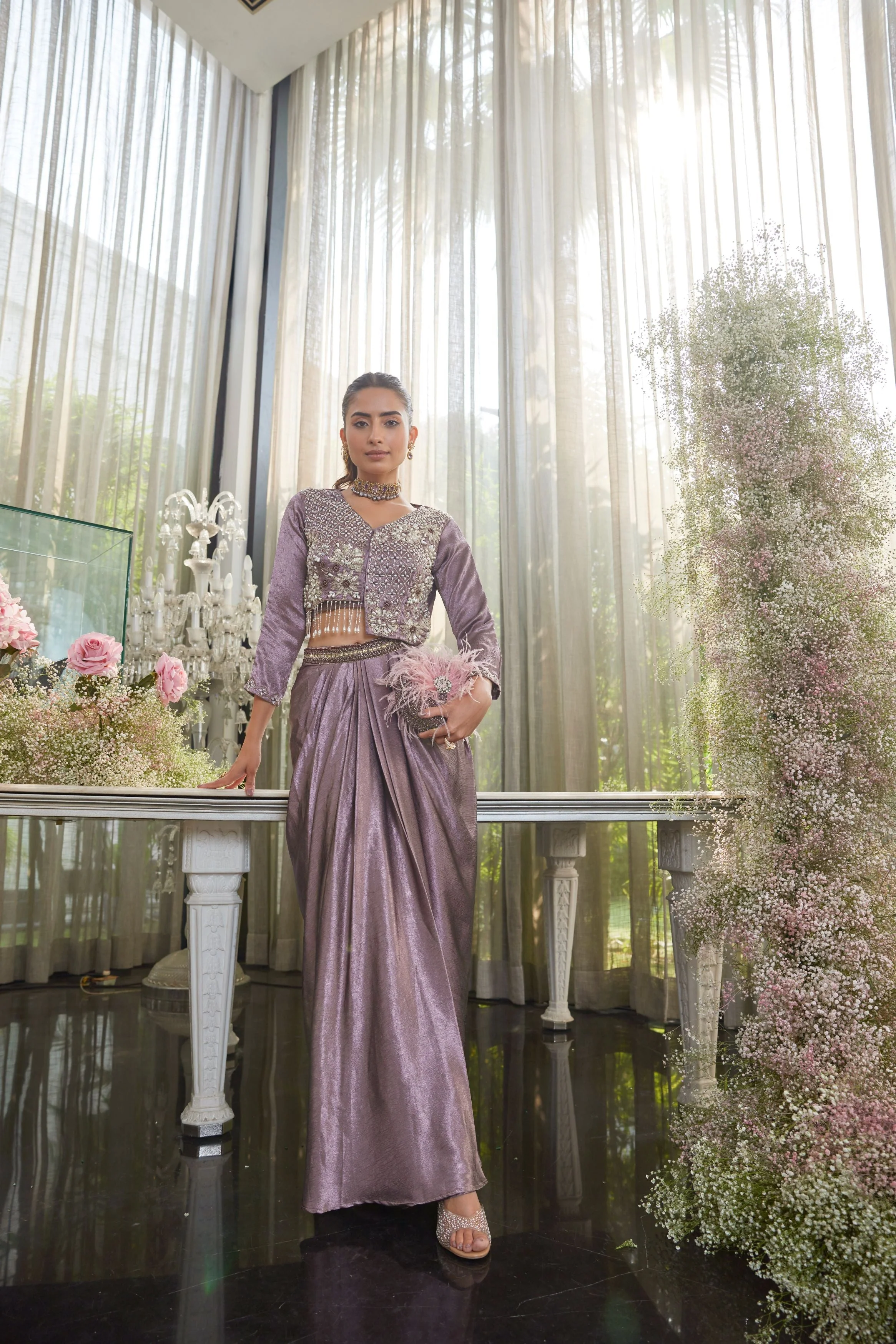Dusty Purple Embellished Crepe Silk Skirt Set