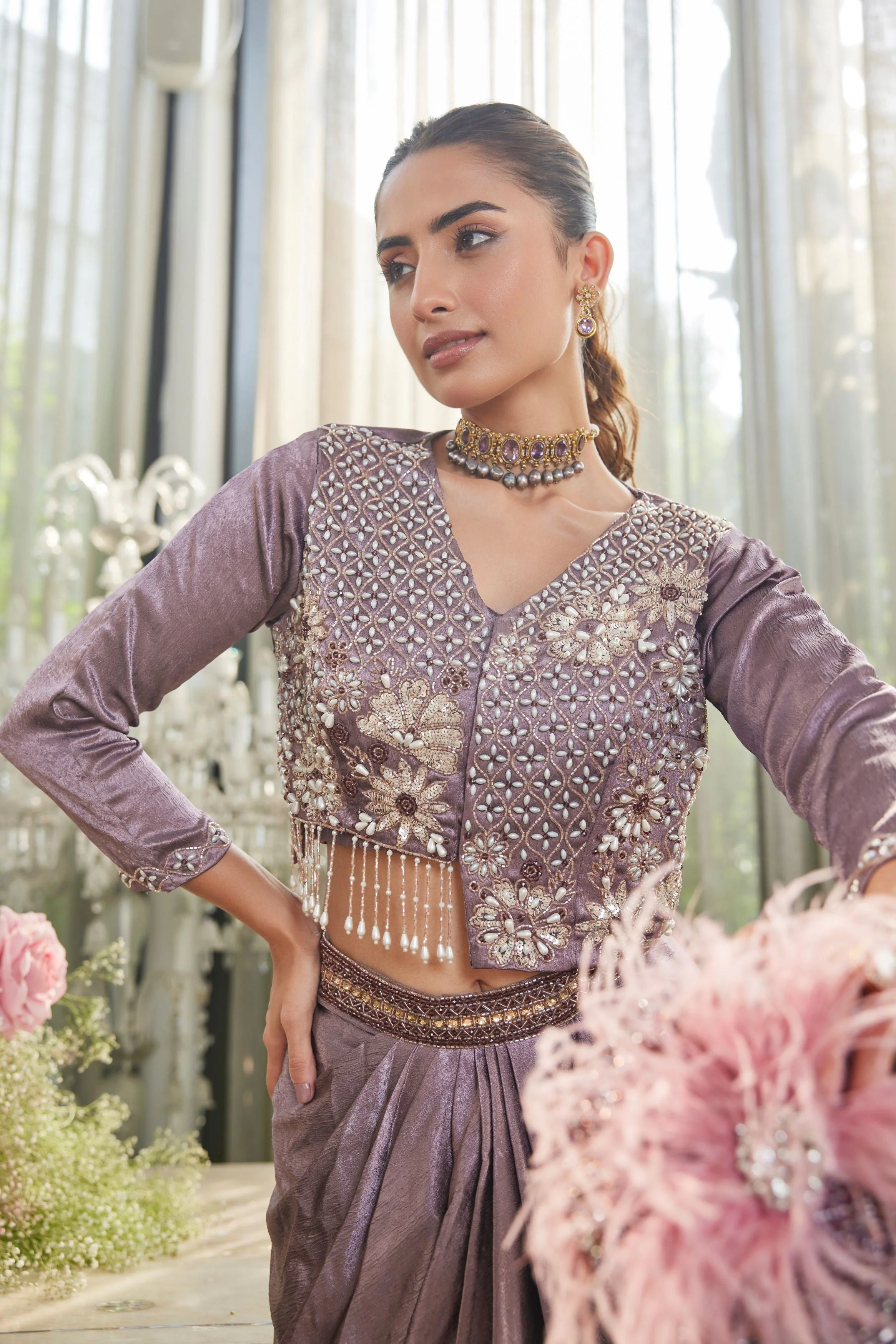 Dusty Purple Embellished Crepe Silk Skirt Set - Image 2