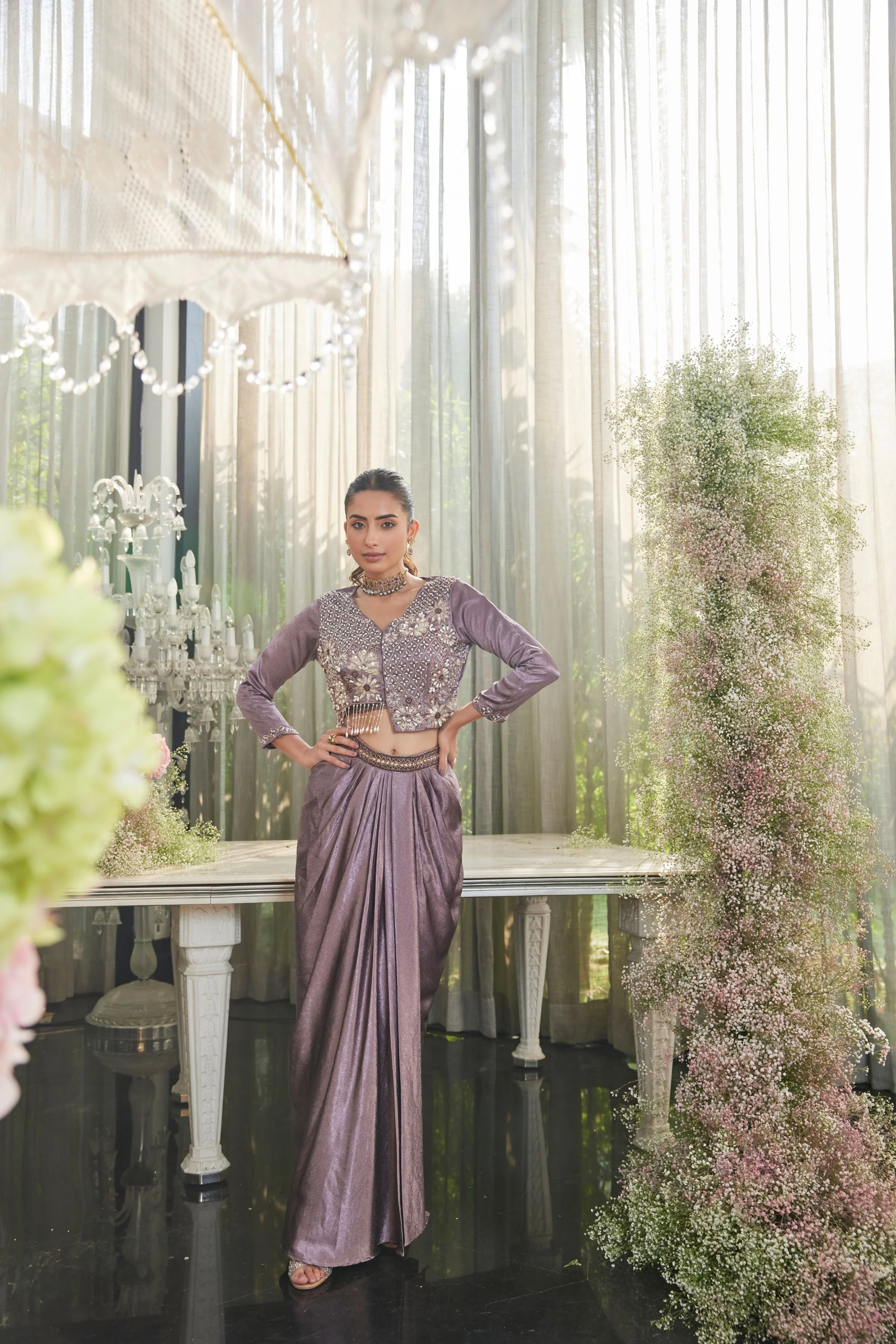 Dusty Purple Embellished Crepe Silk Skirt Set - Image 3