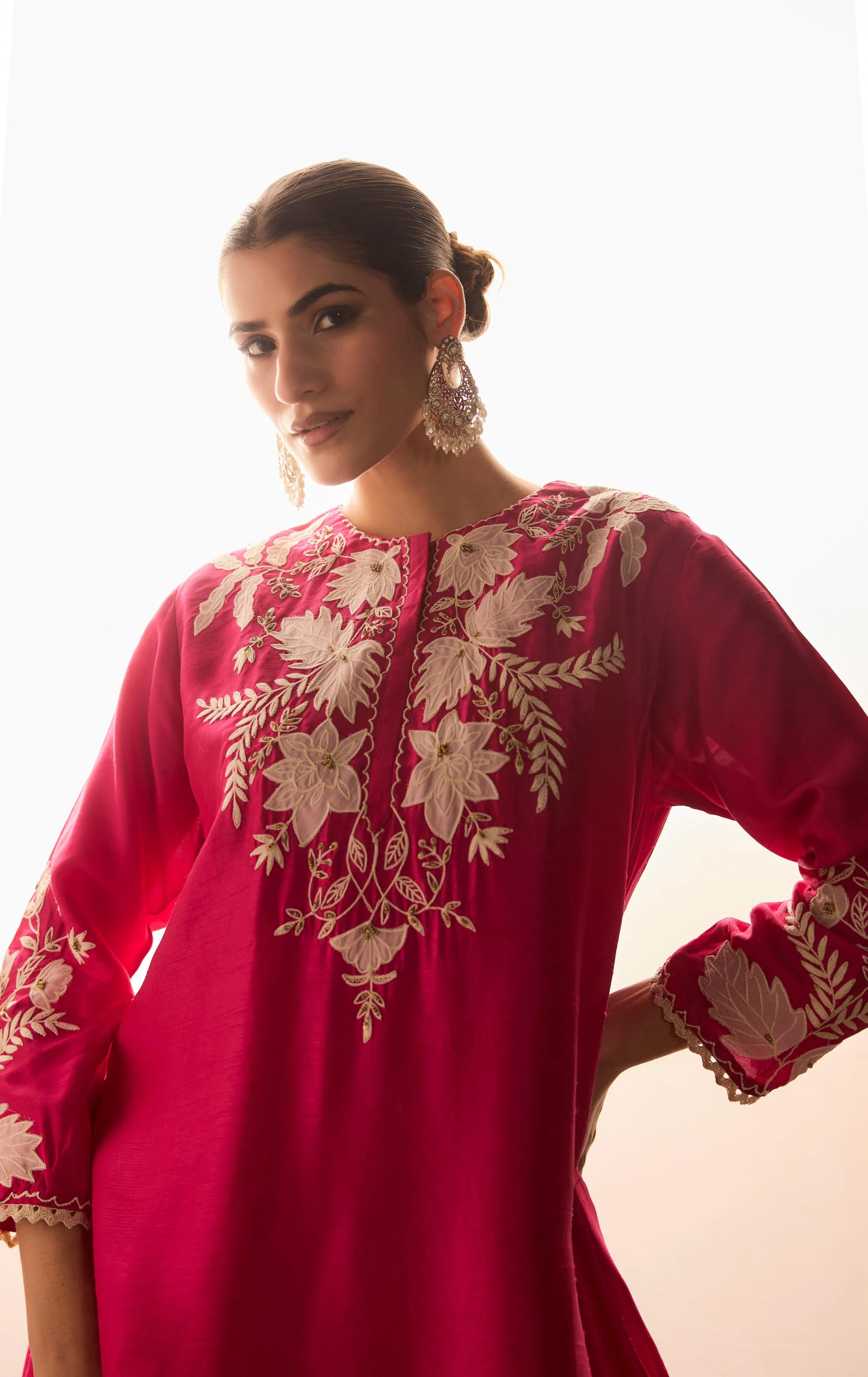 Rani pink Embroidered Raw Silk Co-Ord Set - Image 2