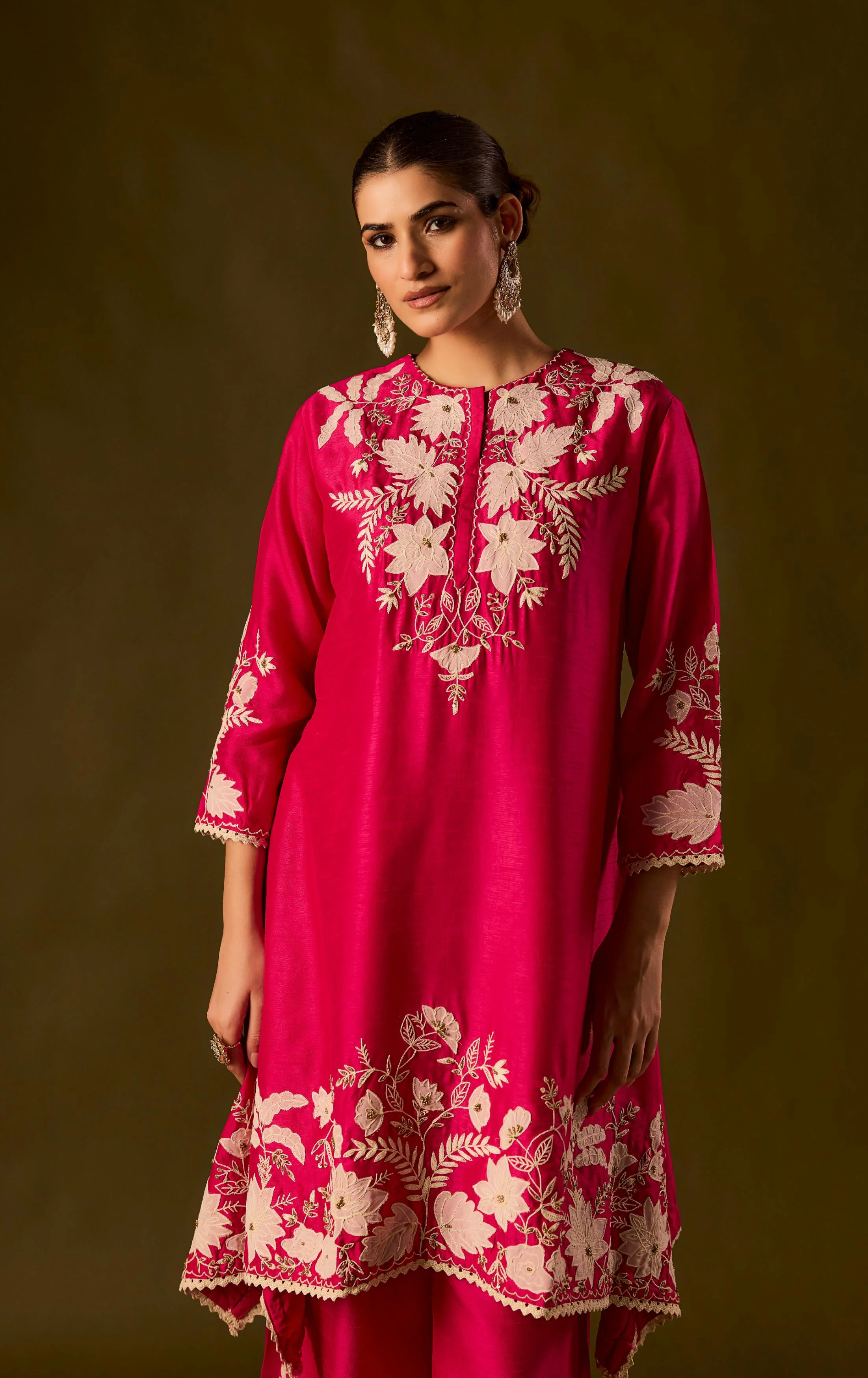 Rani pink Embroidered Raw Silk Co-Ord Set - Image 3