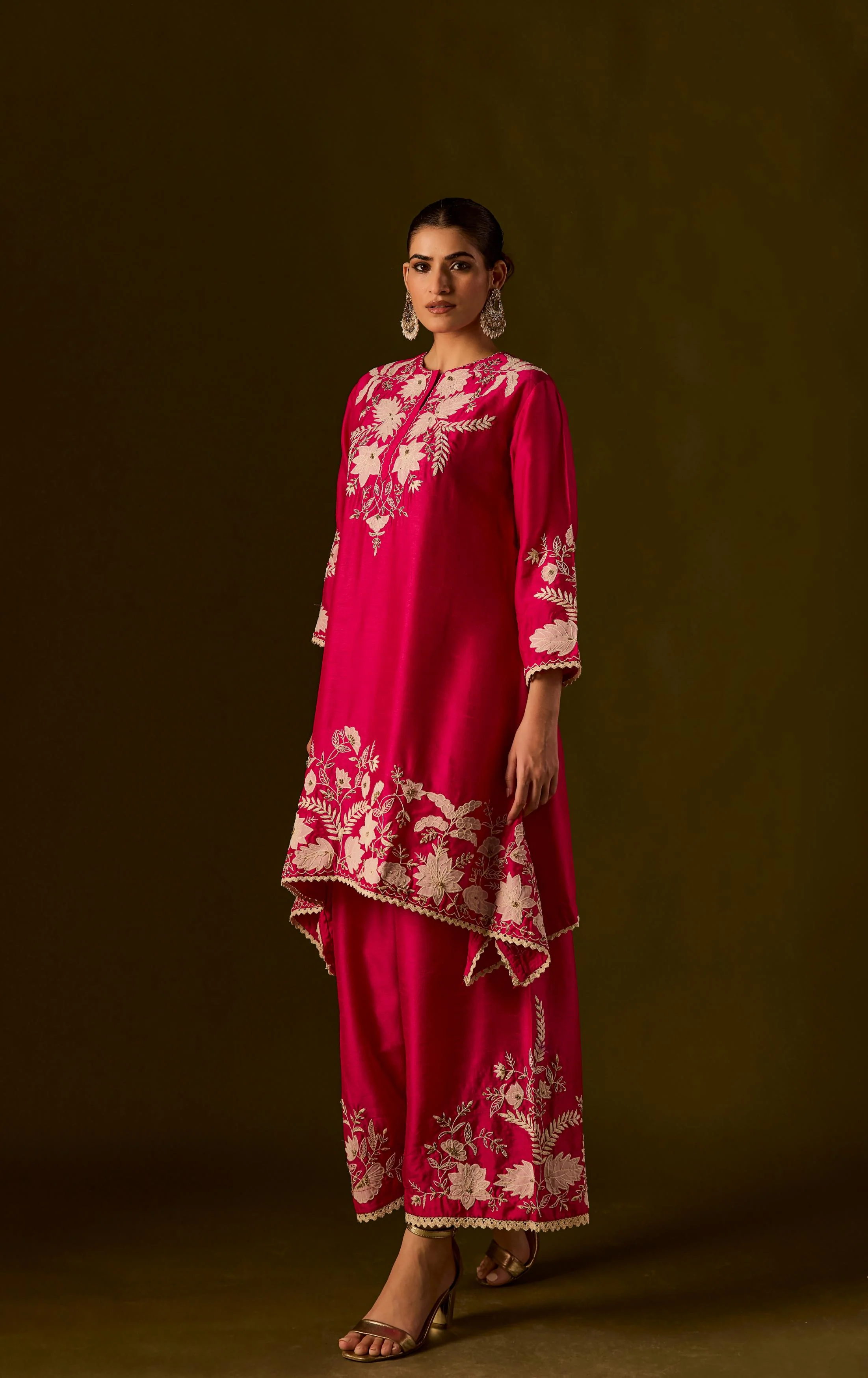 Rani pink Embroidered Raw Silk Co-Ord Set - Image 5