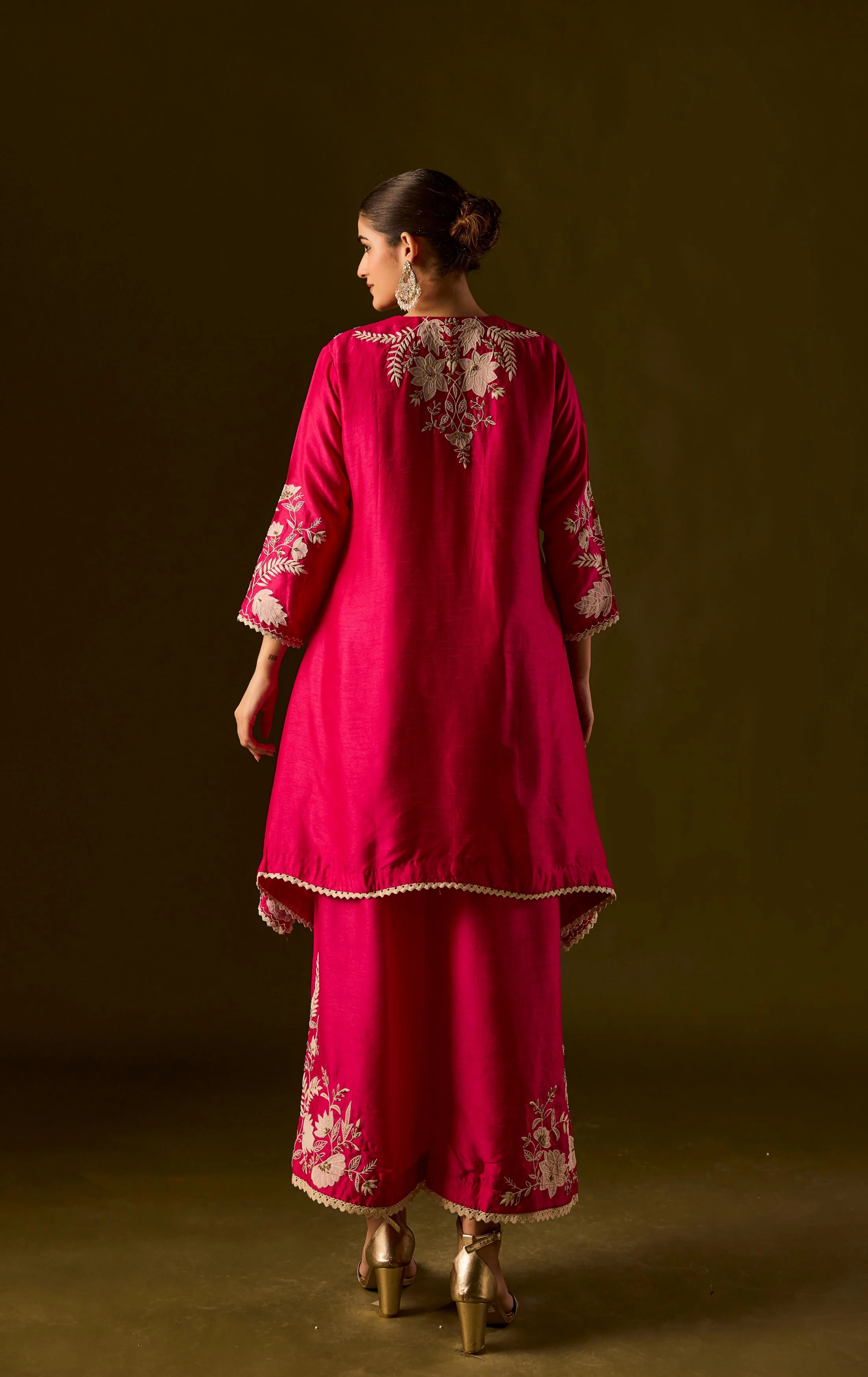 Rani pink Embroidered Raw Silk Co-Ord Set - Image 8