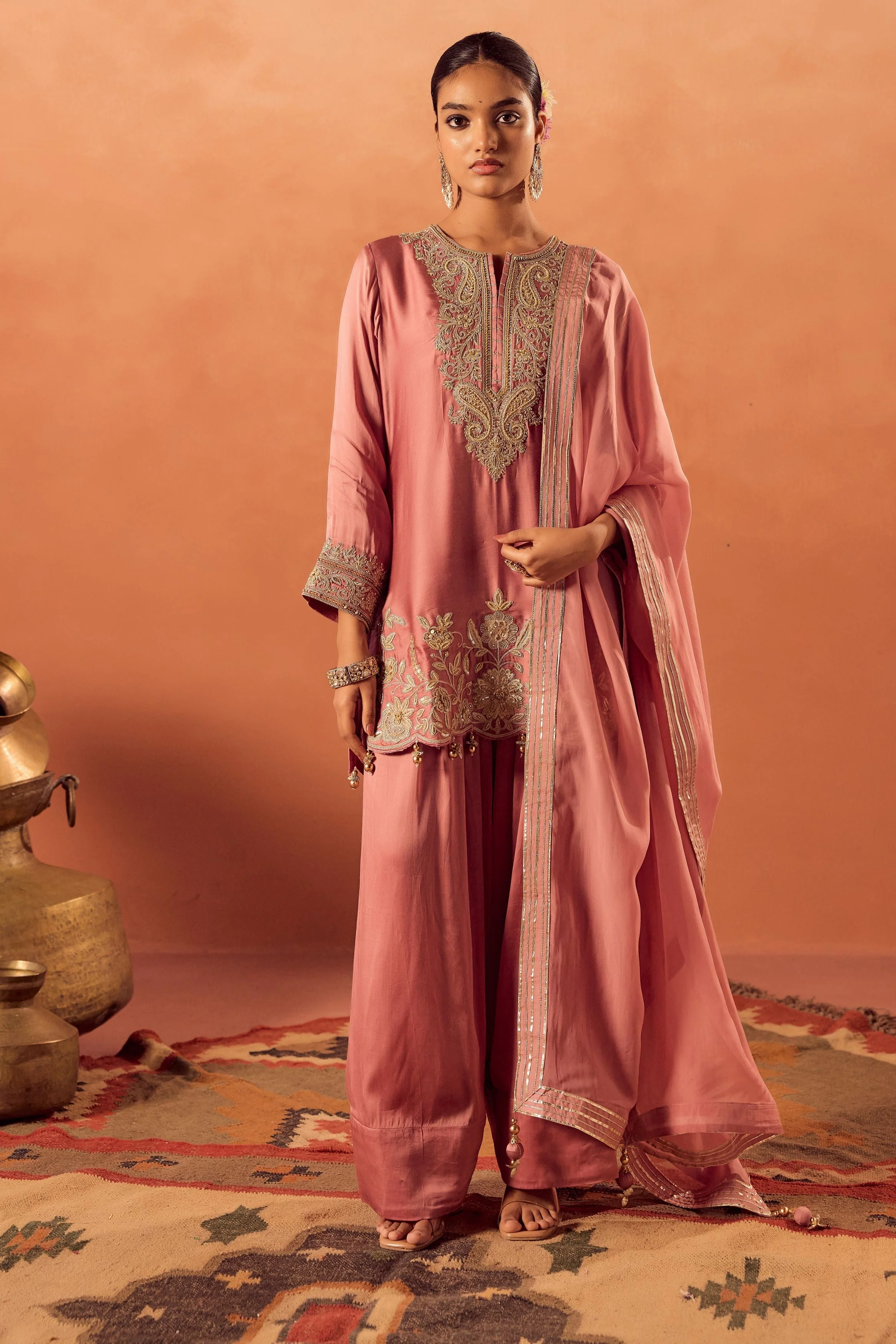 Soft Pink Embellished Satin Silk Palazzo Set