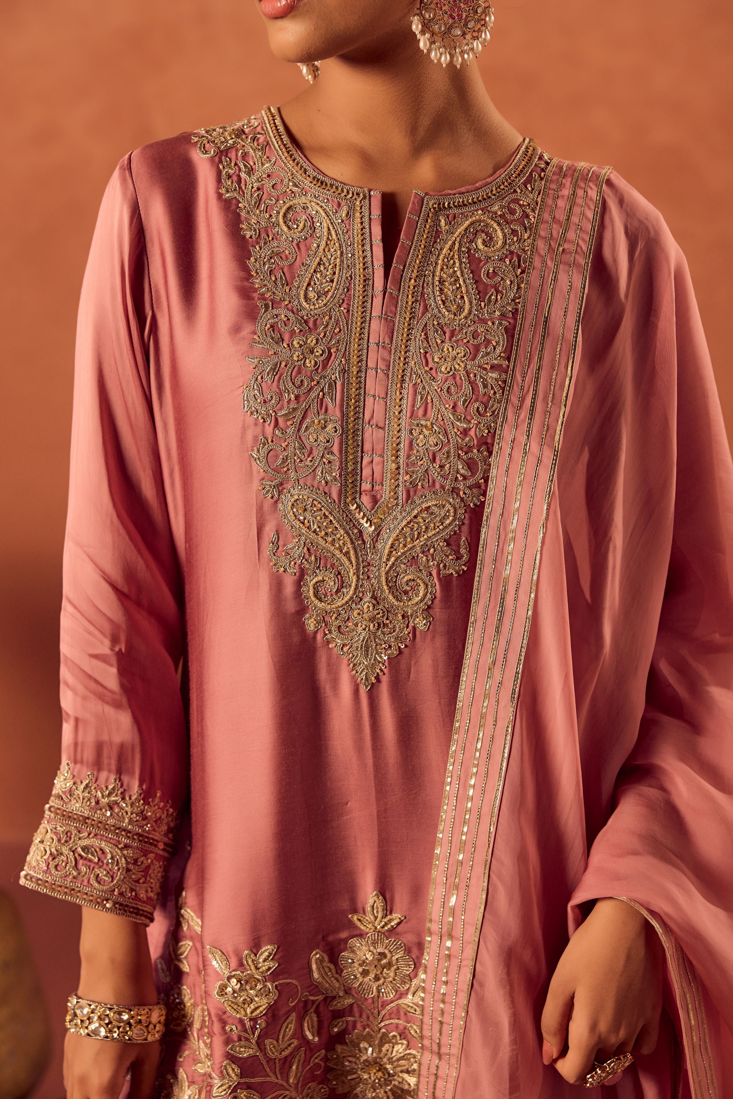 Soft Pink Embellished Satin Silk Palazzo Set - Image 2