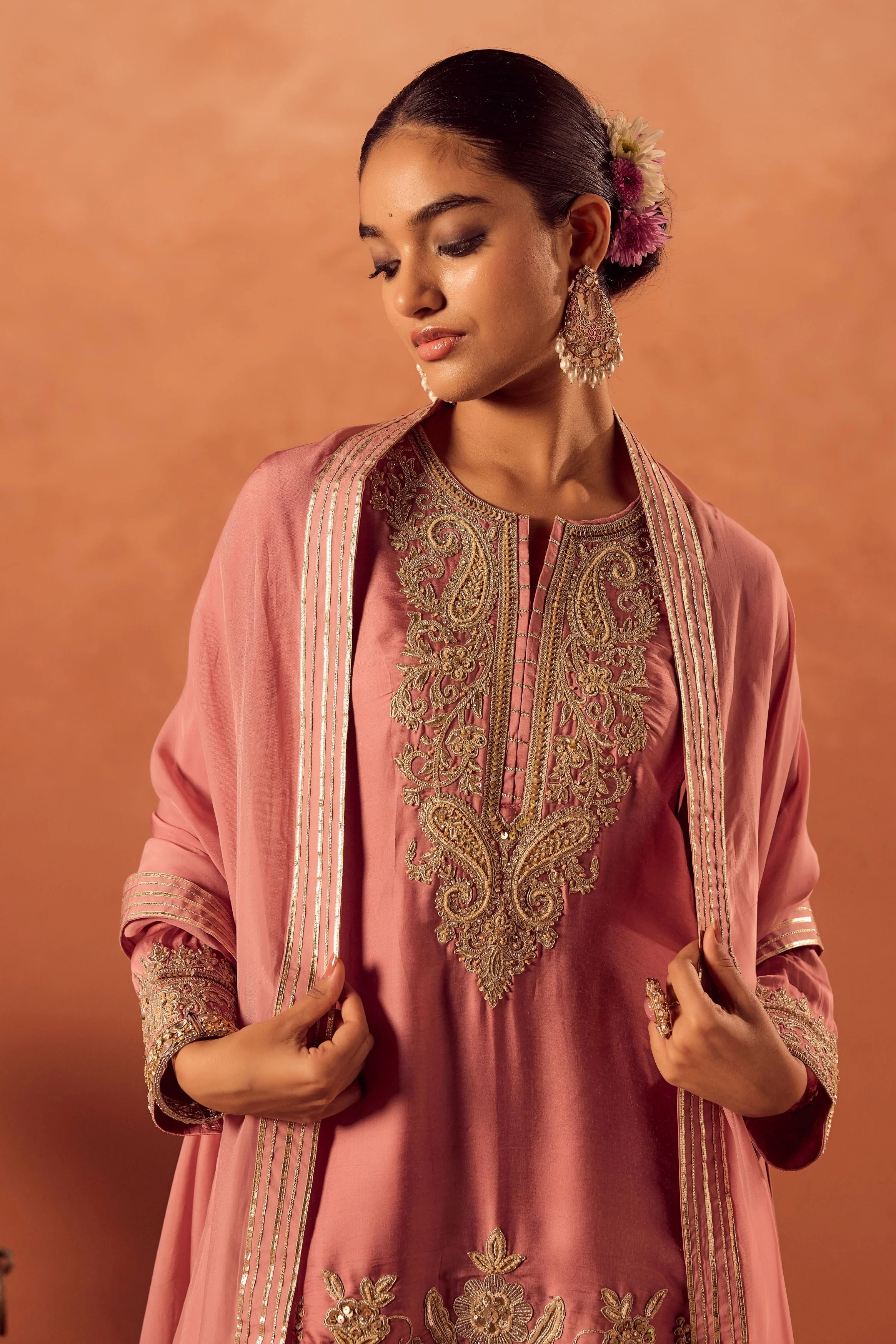 Soft Pink Embellished Satin Silk Palazzo Set - Image 3