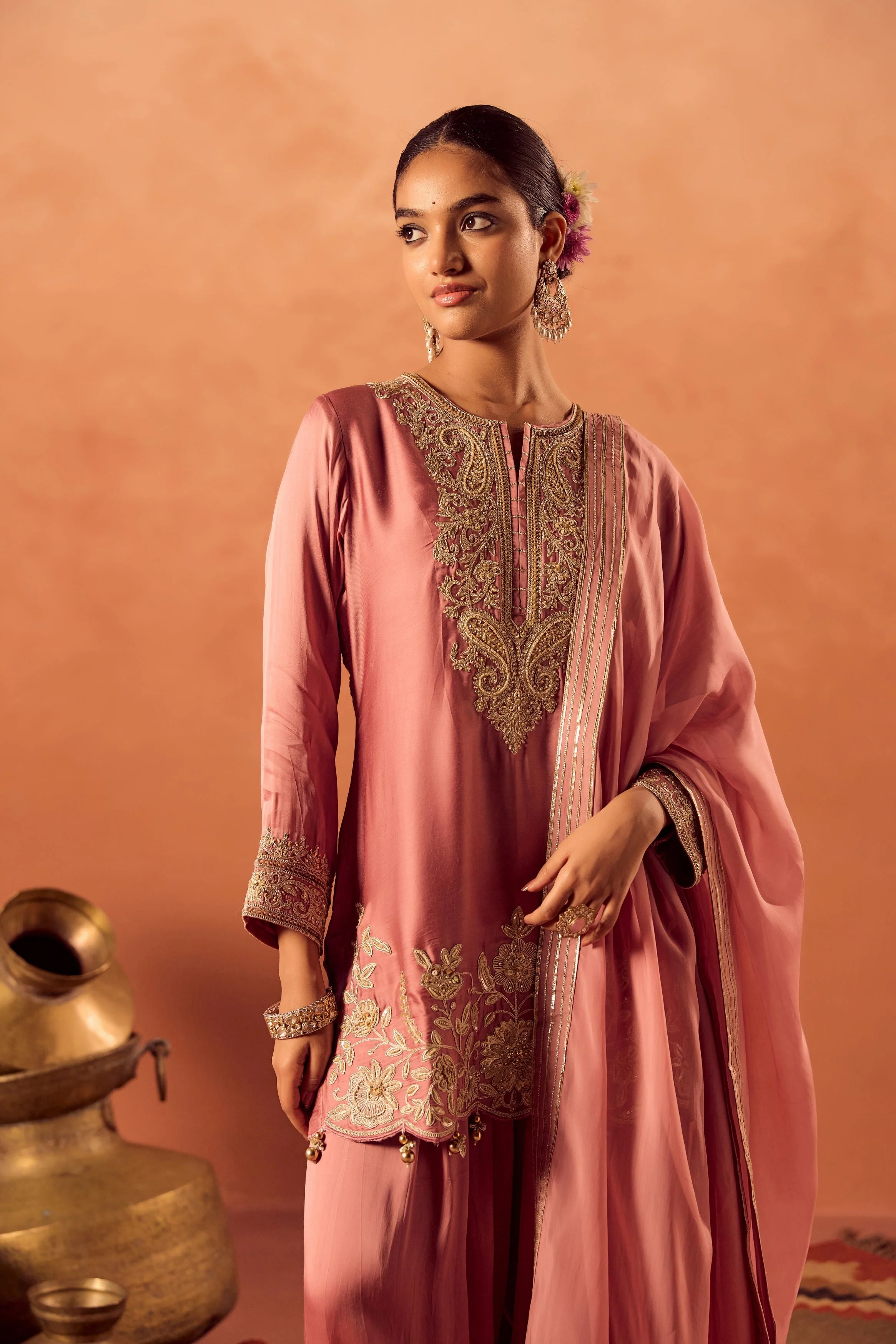 Soft Pink Embellished Satin Silk Palazzo Set - Image 4