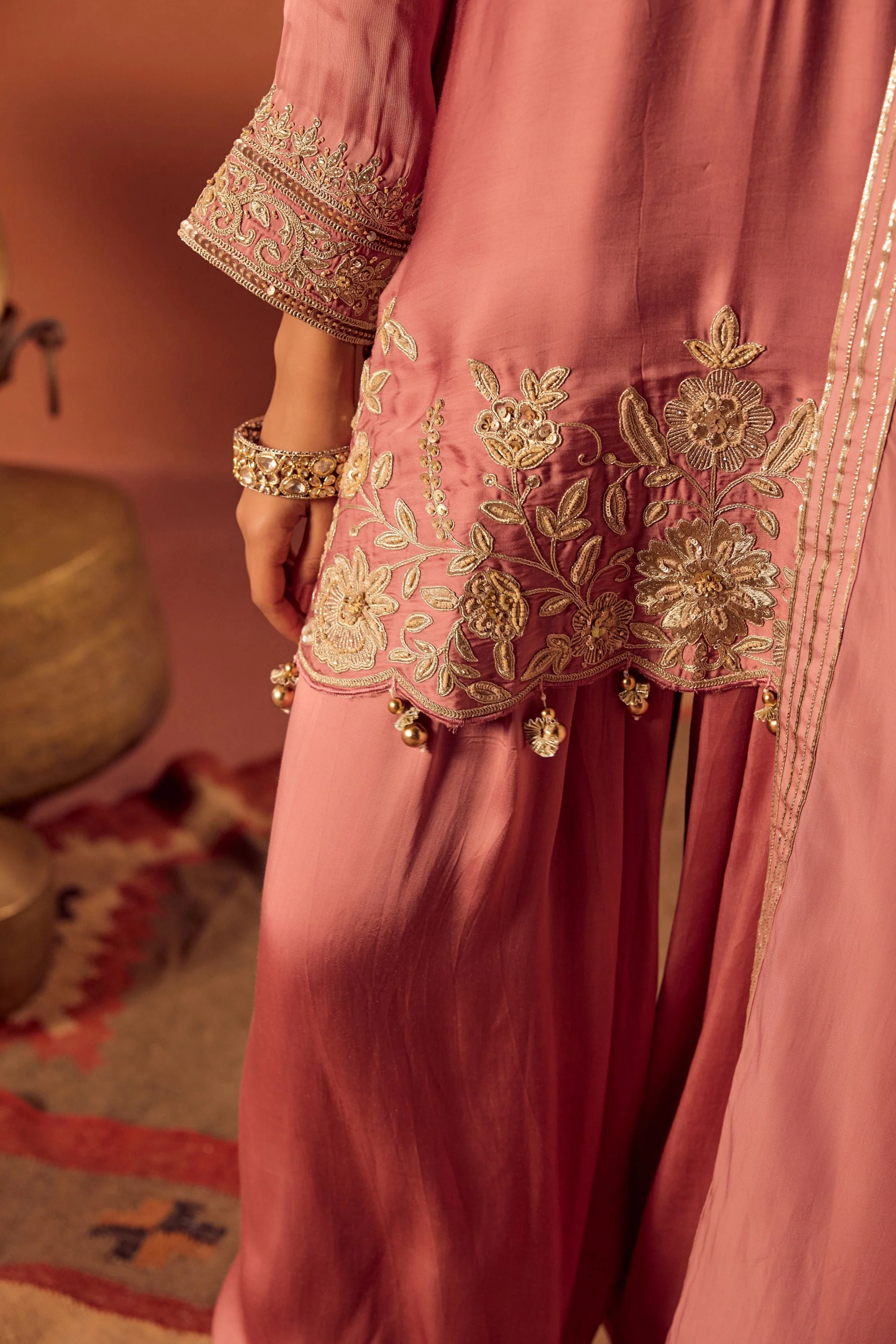 Soft Pink Embellished Satin Silk Palazzo Set - Image 5