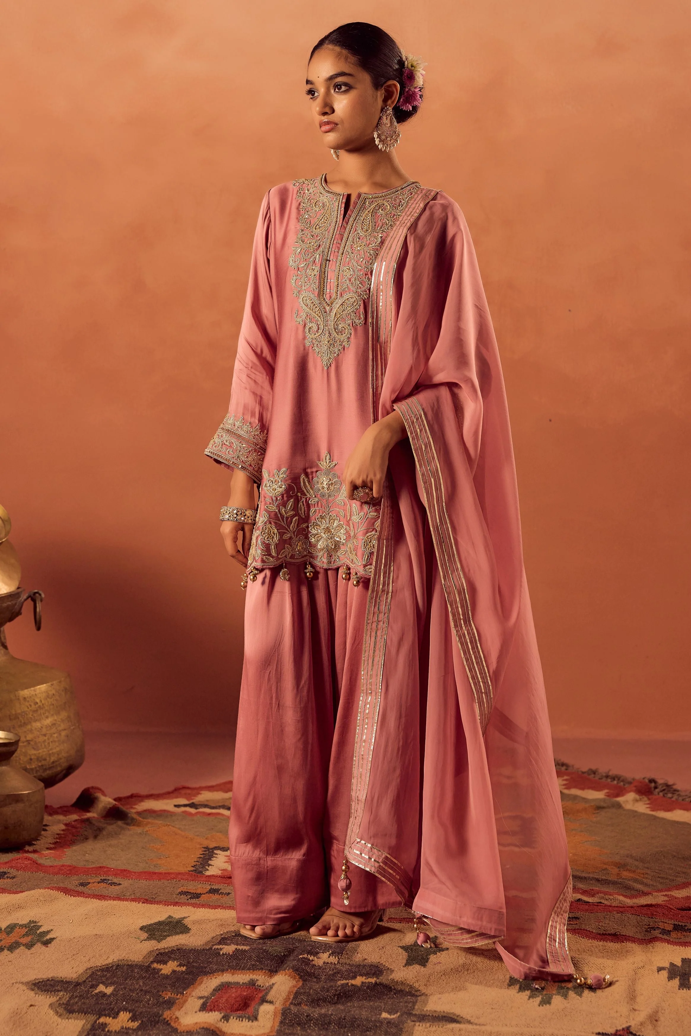 Soft Pink Embellished Satin Silk Palazzo Set - Image 6