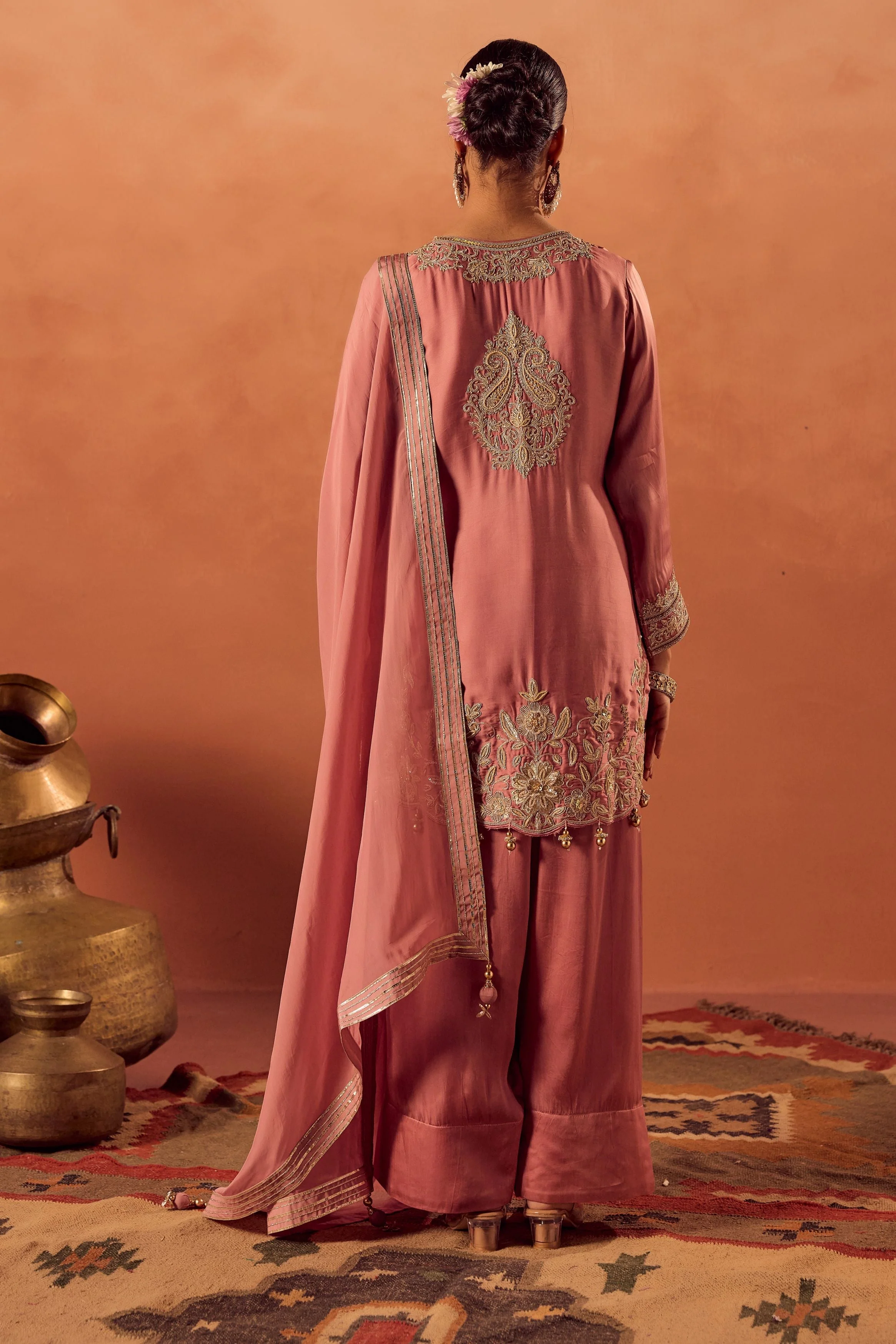 Soft Pink Embellished Satin Silk Palazzo Set - Image 7