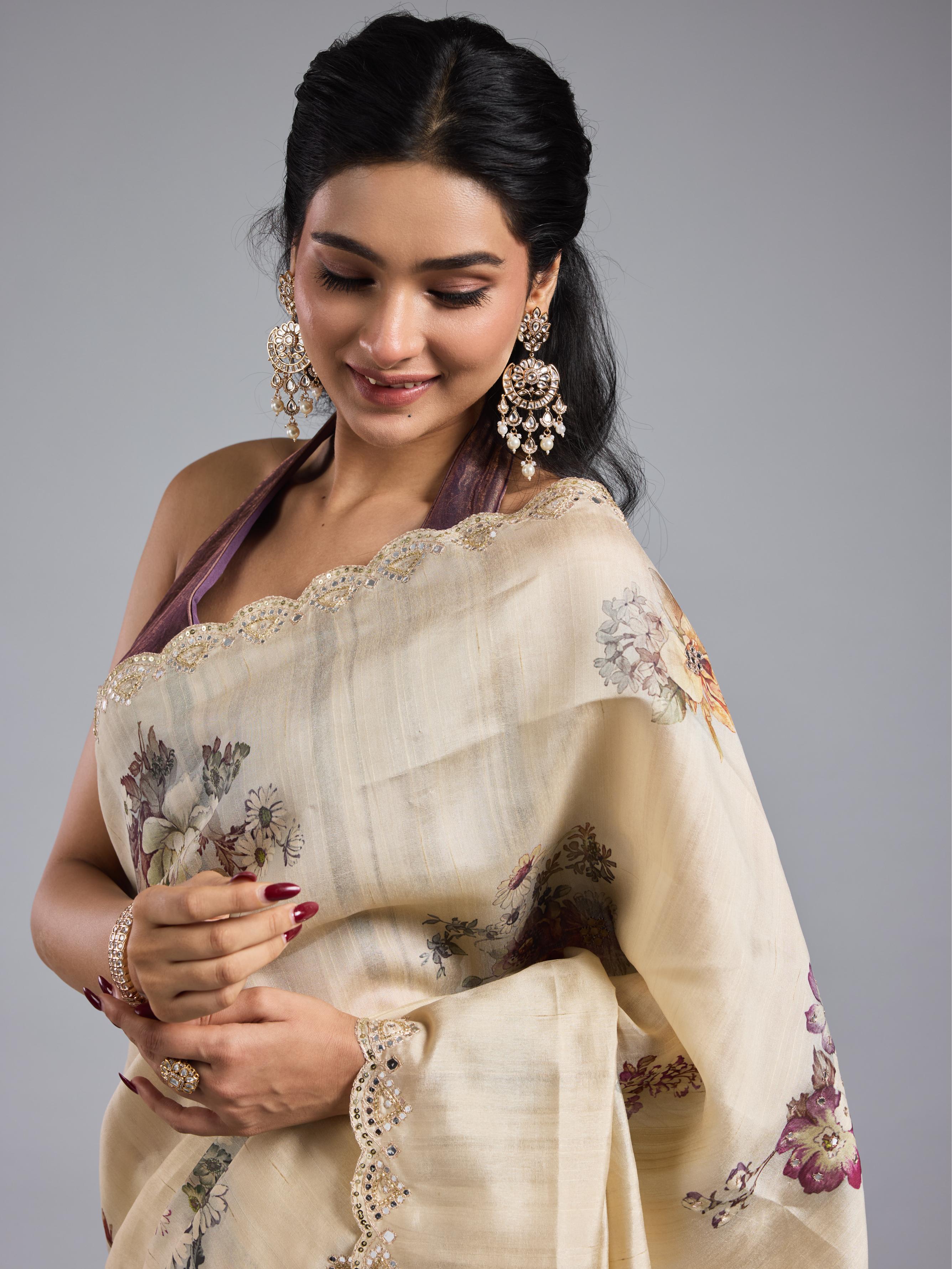 Pastel Cream Bhagalpuri Tussar Silk Saree - Image 9