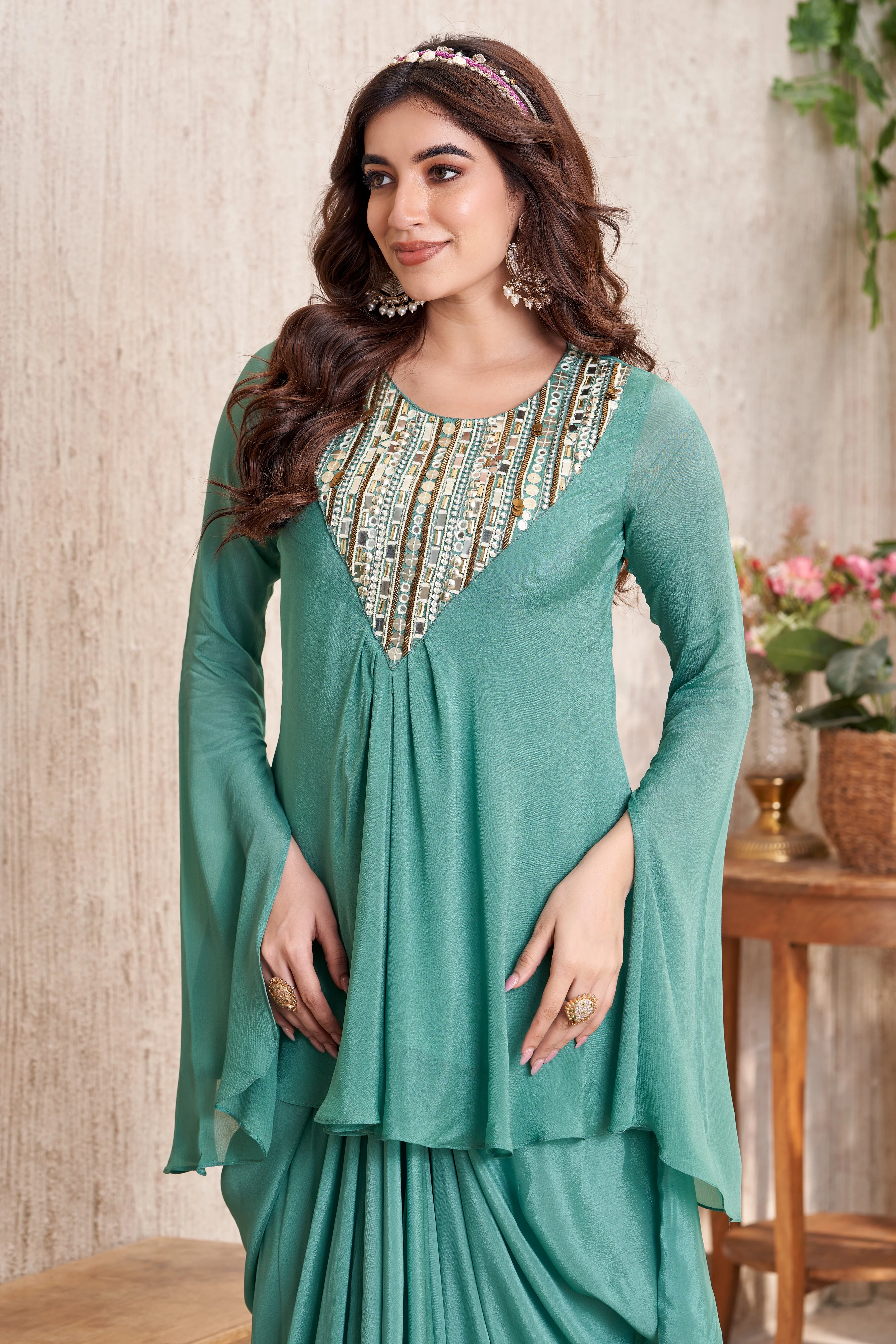 Pastel Green Embellished Chinon Silk Drape Skirt Set - Image 2