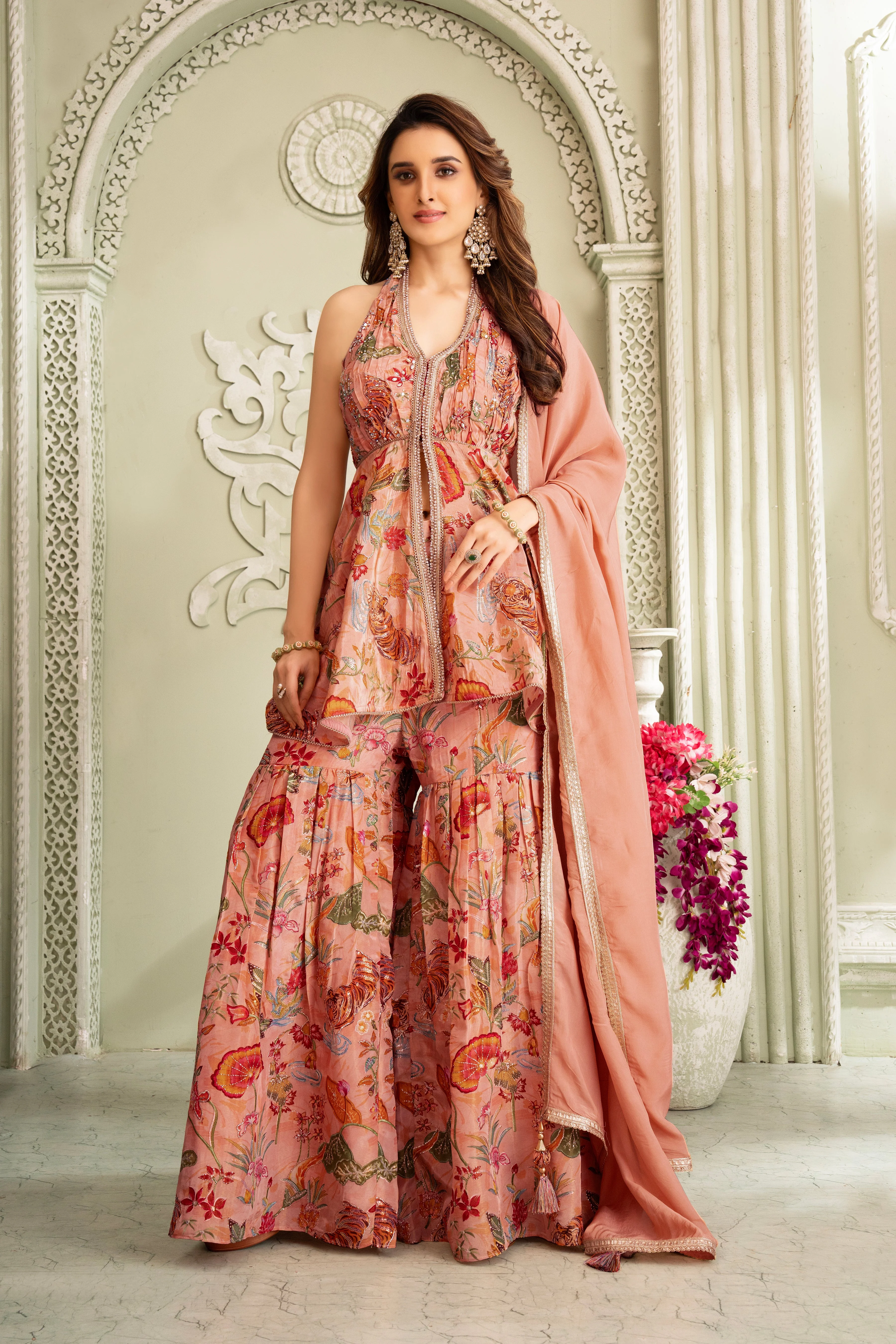 Floral Peach Halter Neck Sharara Set