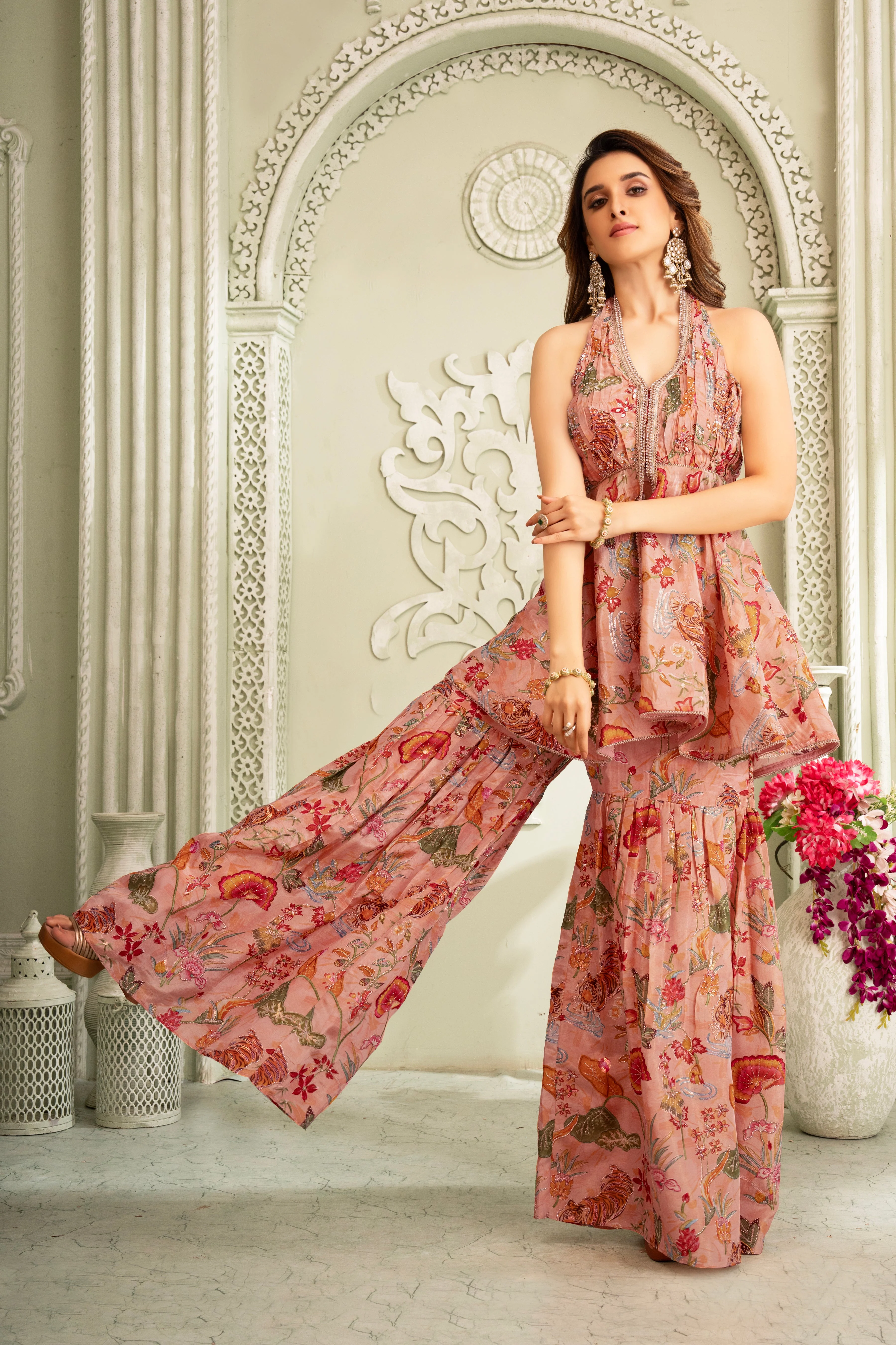 Floral Peach Halter Neck Sharara Set - Image 2