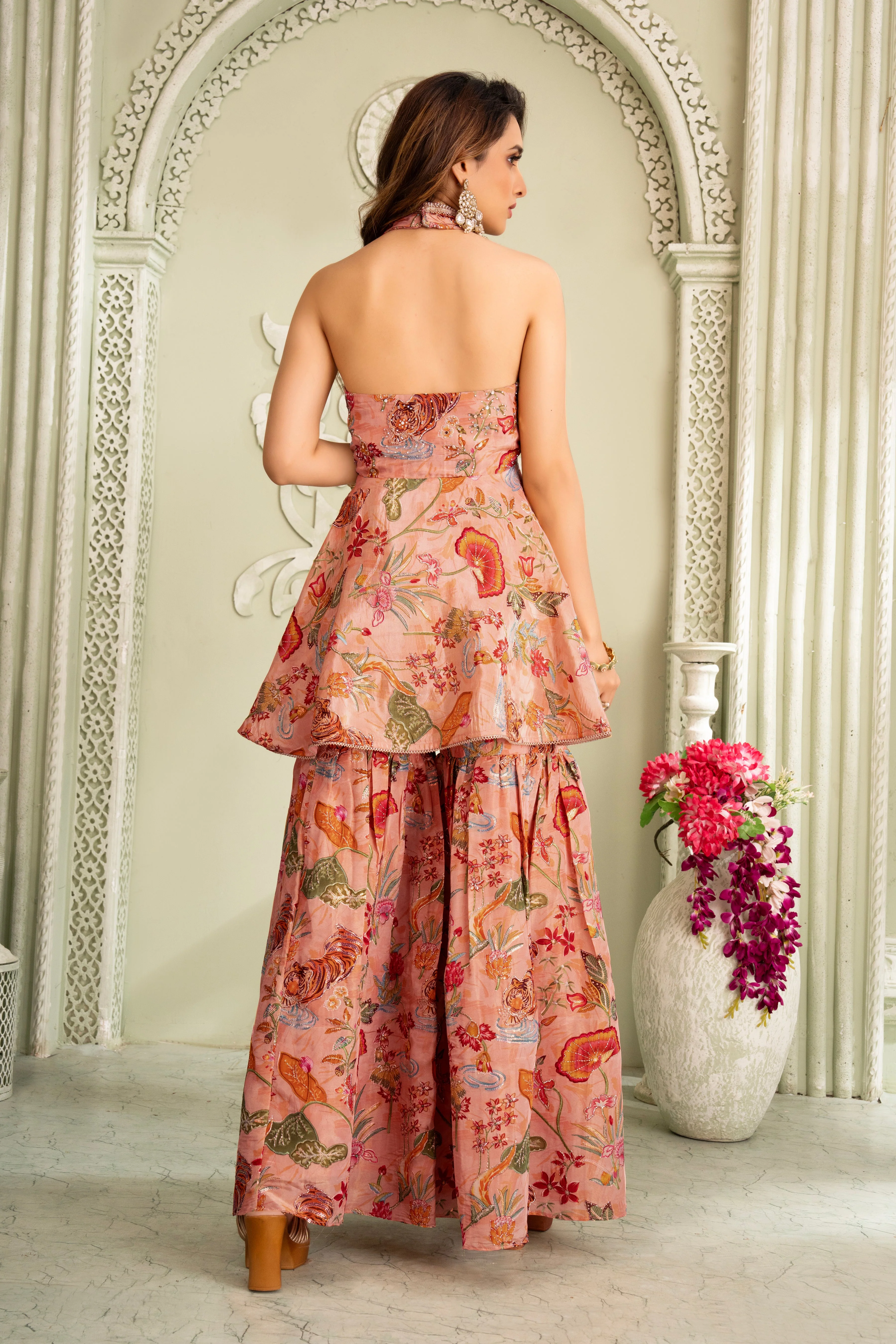 Floral Peach Halter Neck Sharara Set - Image 3