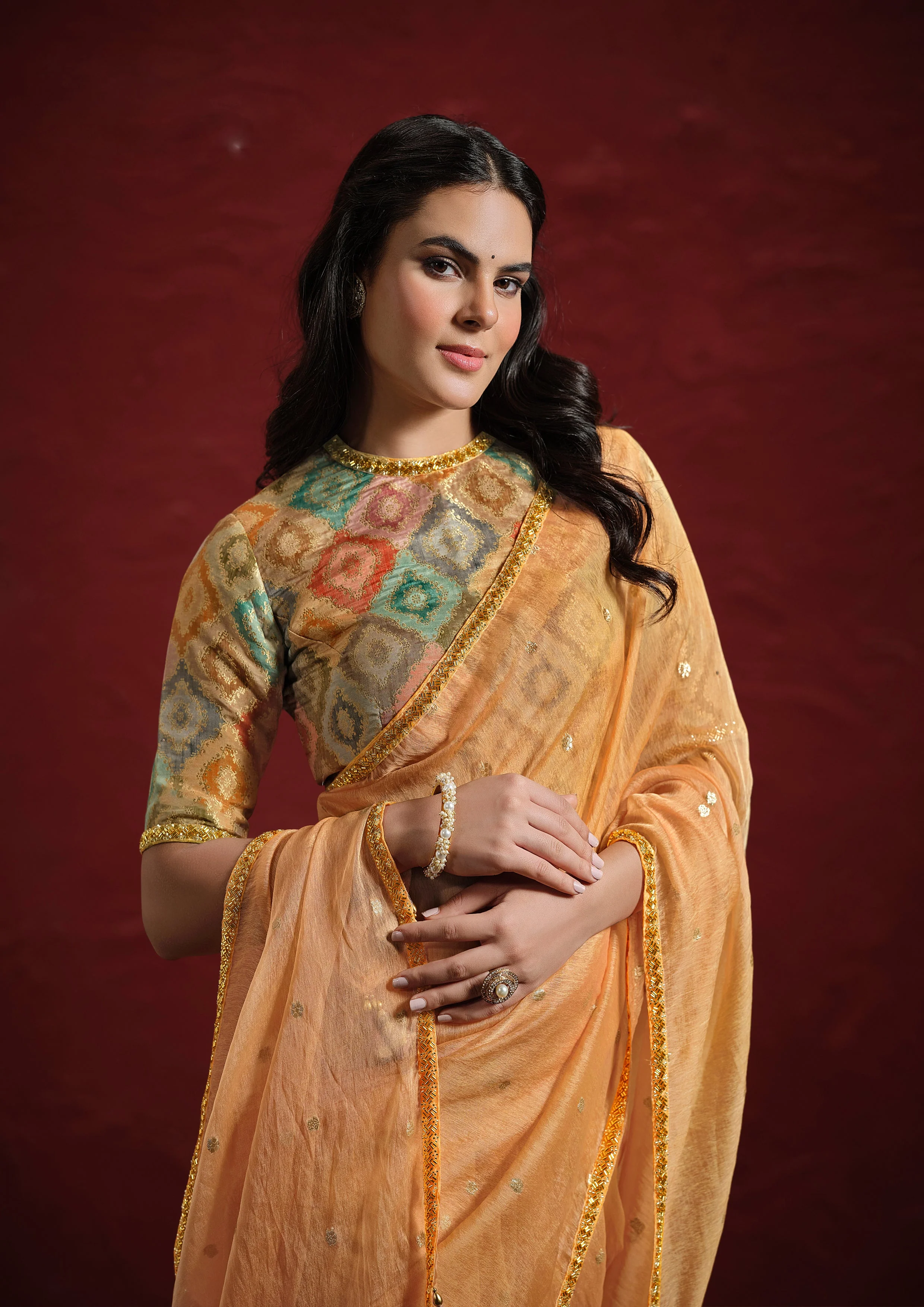 Peach Orange Embellished Jacquard Tussar Silk Saree - Image 2