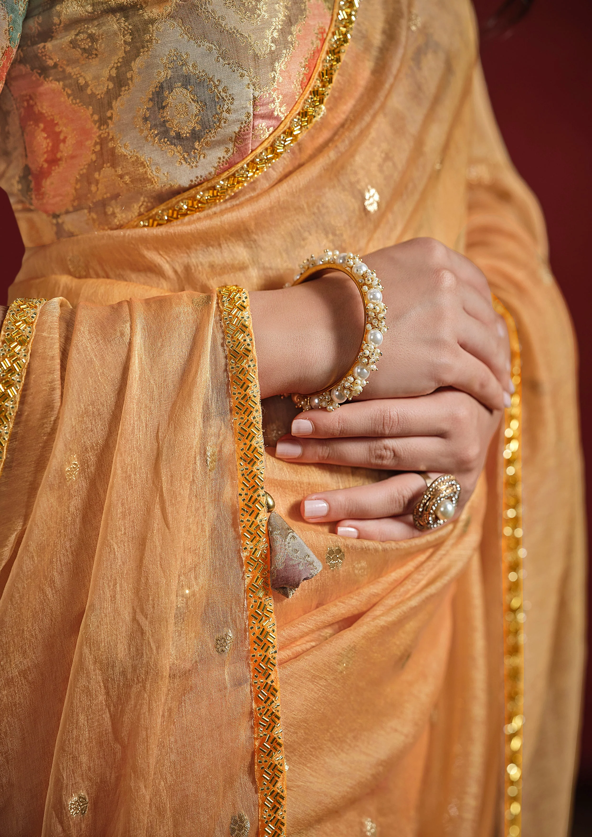 Peach Orange Embellished Jacquard Tussar Silk Saree - Image 3