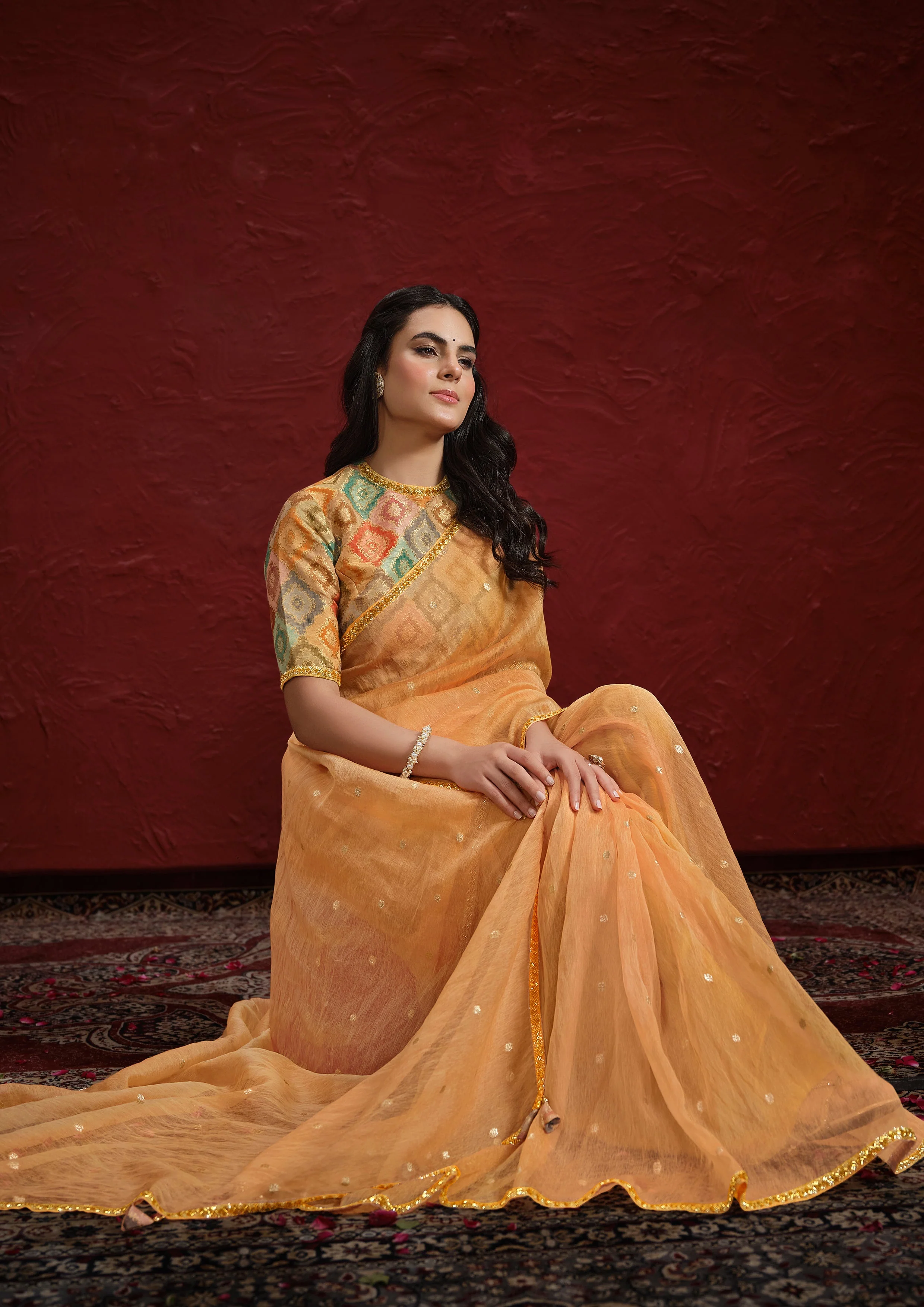 Peach Orange Embellished Jacquard Tussar Silk Saree - Image 4
