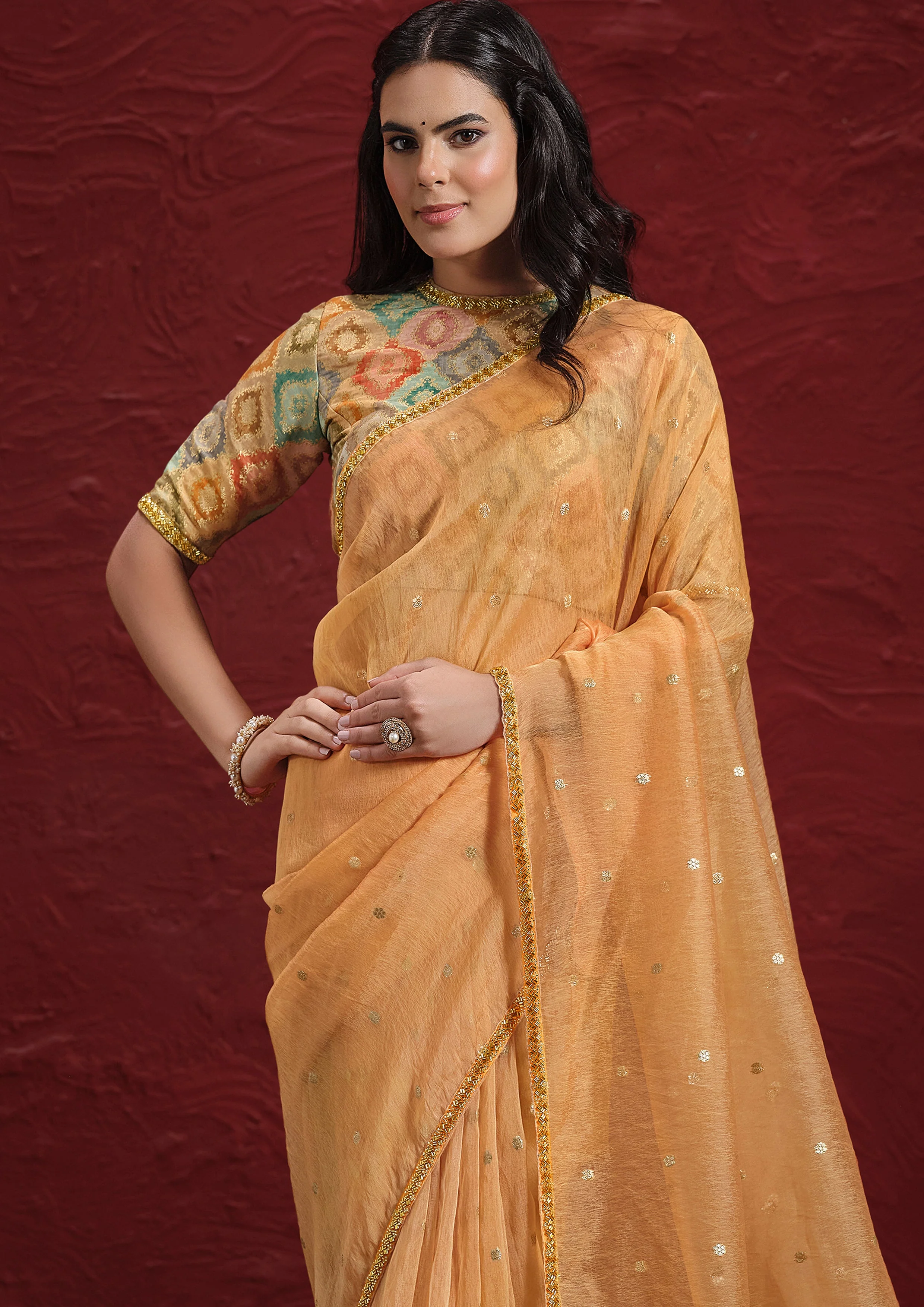 Peach Orange Embellished Jacquard Tussar Silk Saree - Image 5