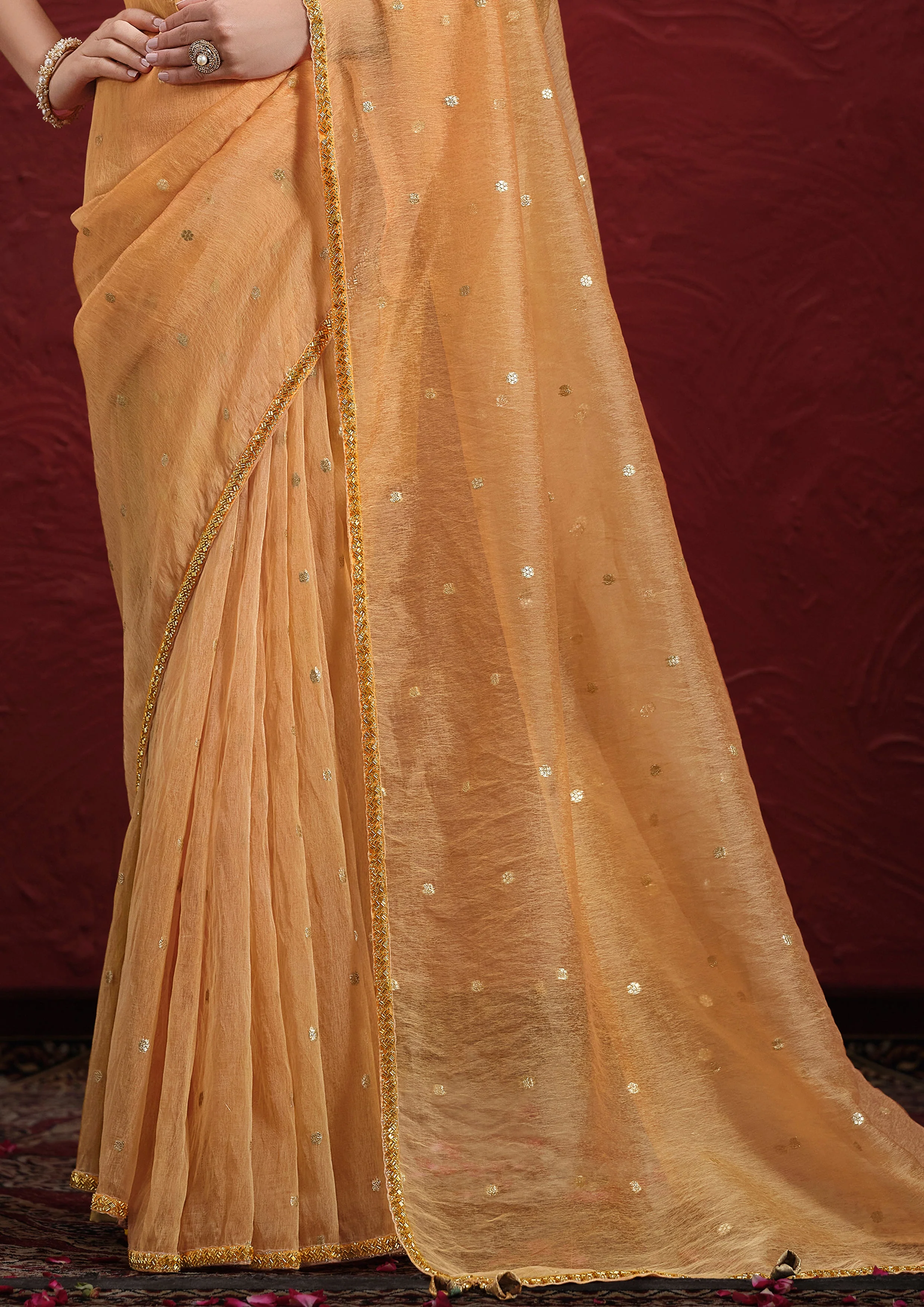 Peach Orange Embellished Jacquard Tussar Silk Saree - Image 6
