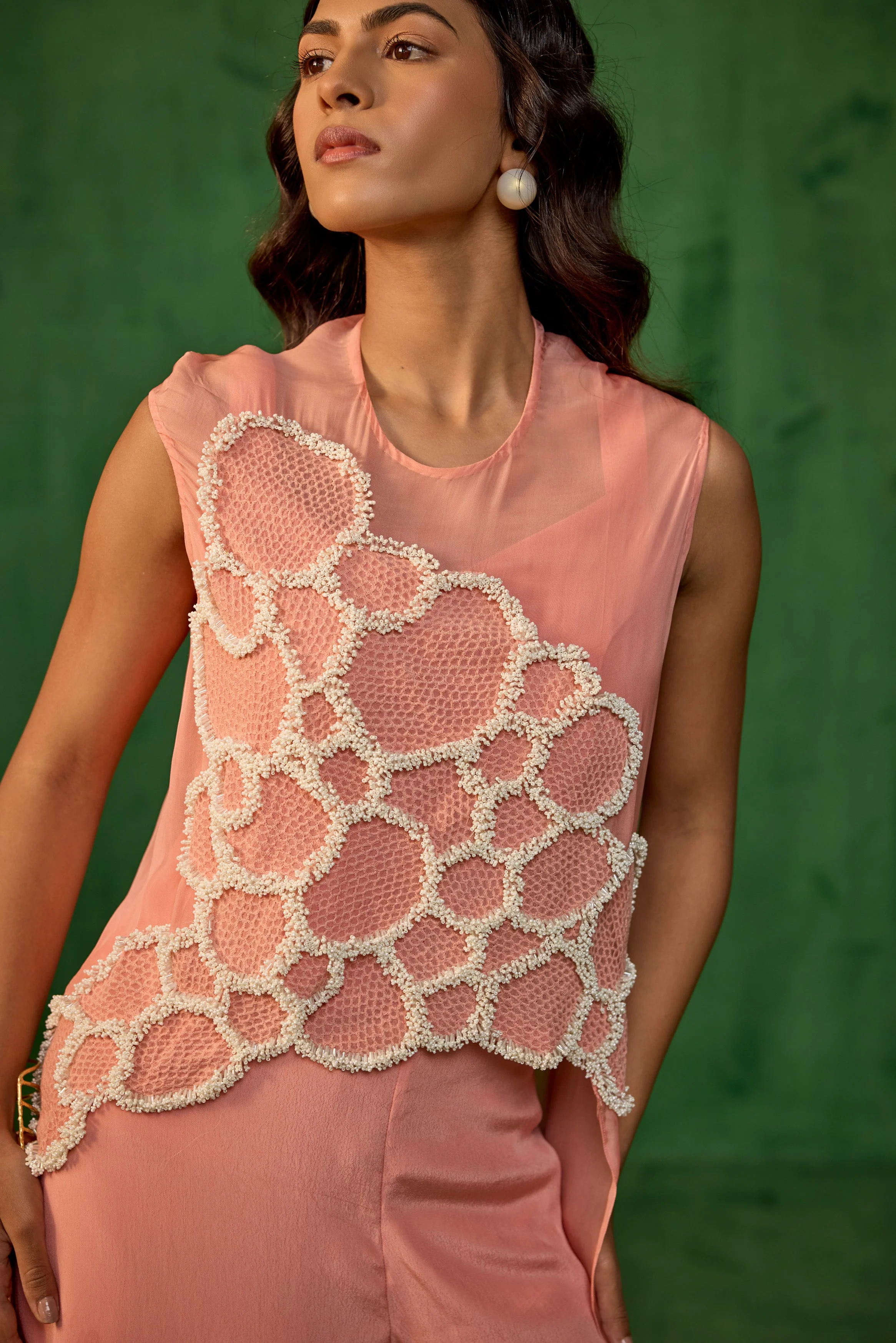 Peach Blush Embellished Premium Crepe Silk Co-Ord Set - Image 2