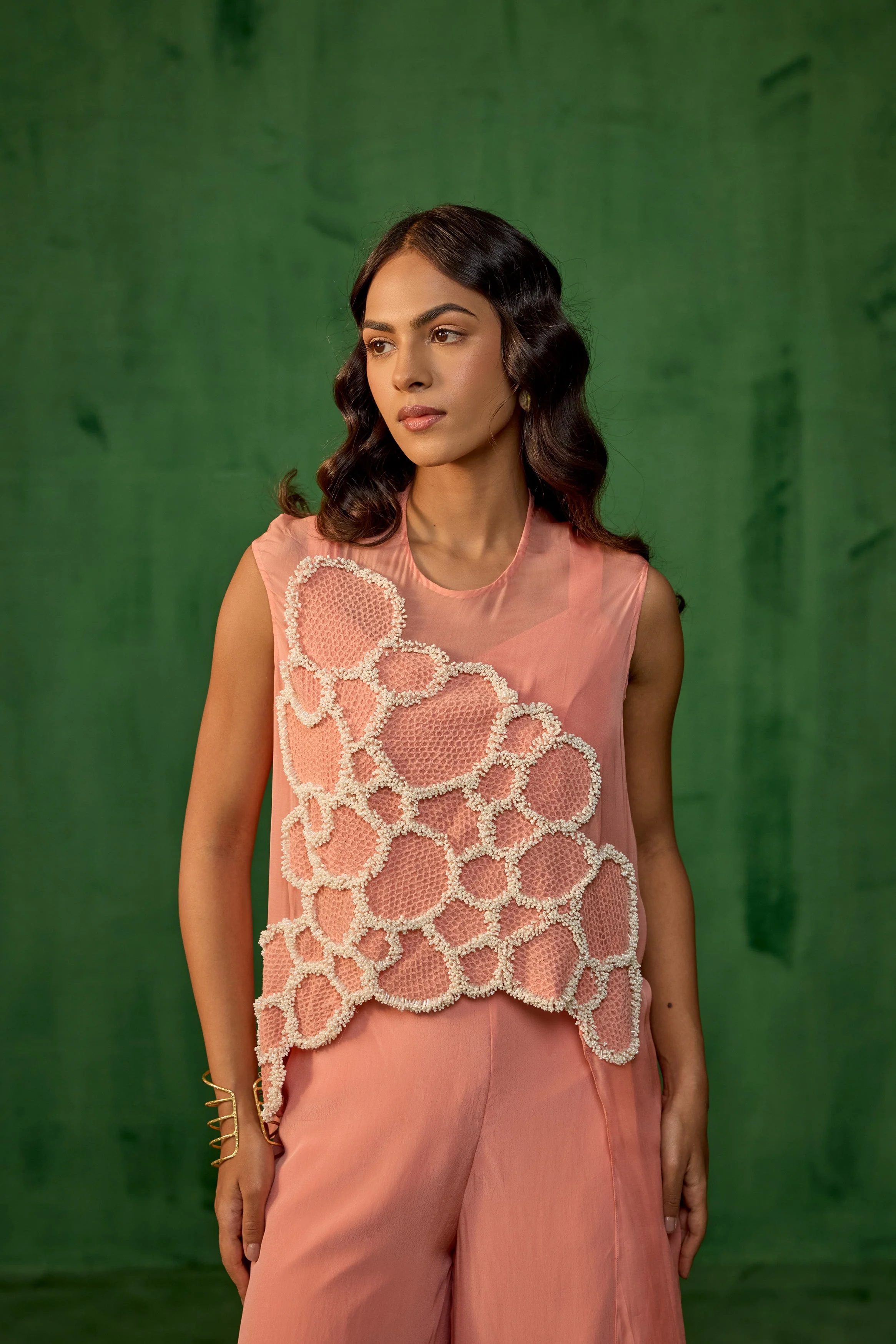 Peach Blush Embellished Premium Crepe Silk Co-Ord Set - Image 3