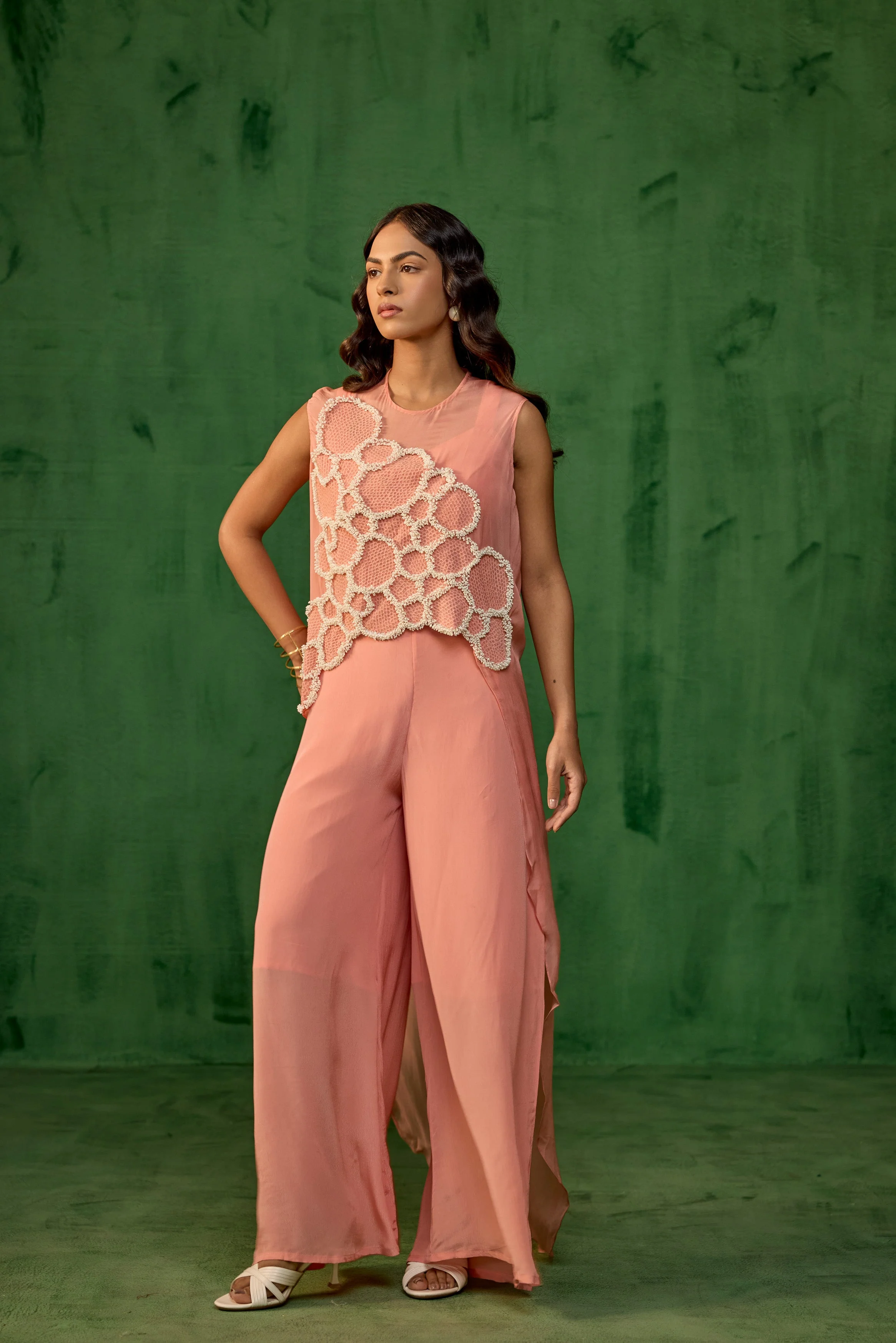Peach Blush Embellished Premium Crepe Silk Co-Ord Set - Image 4