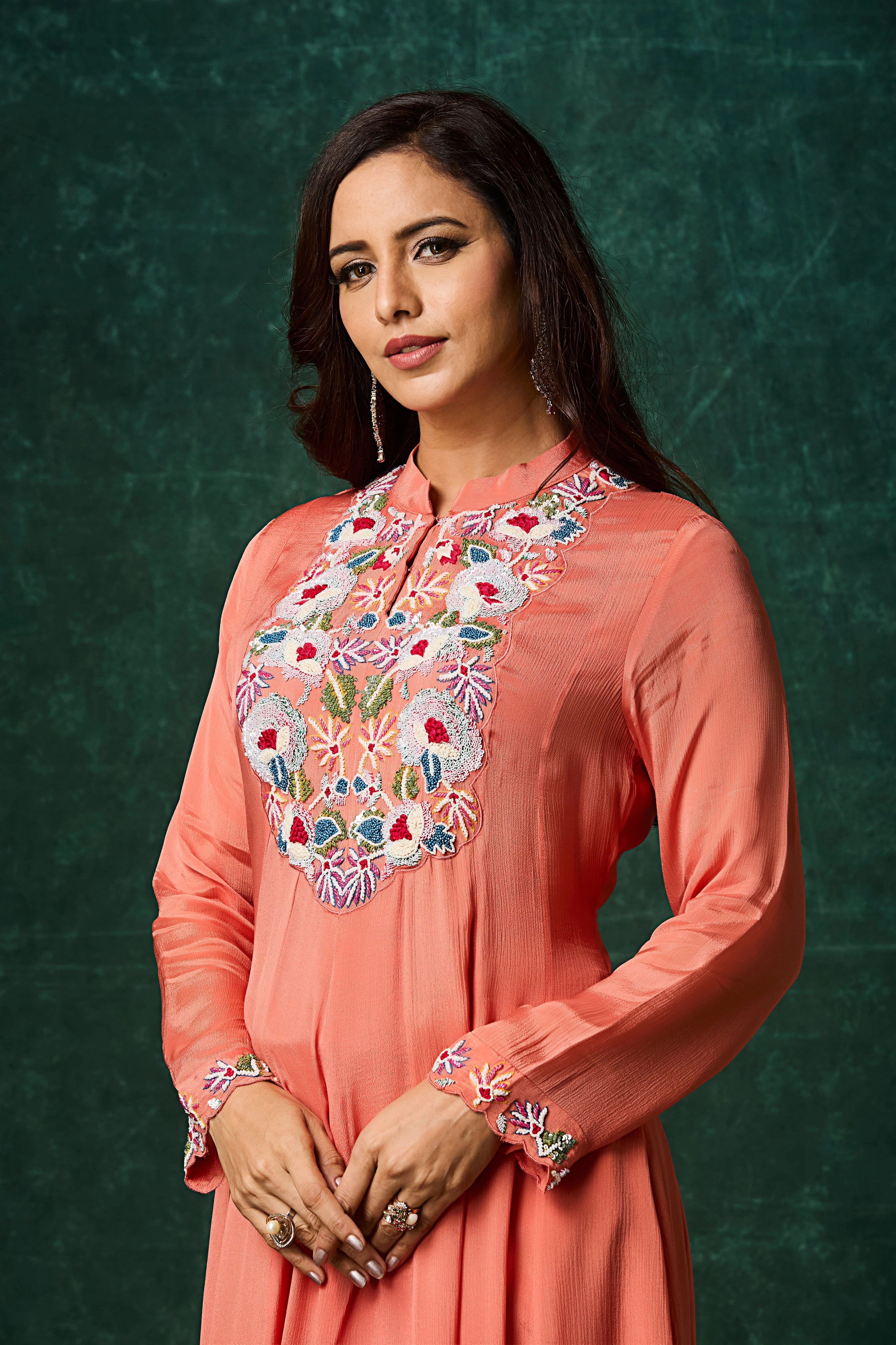 Peach Embellished Chinon Silk Anarkali Set - Image 2