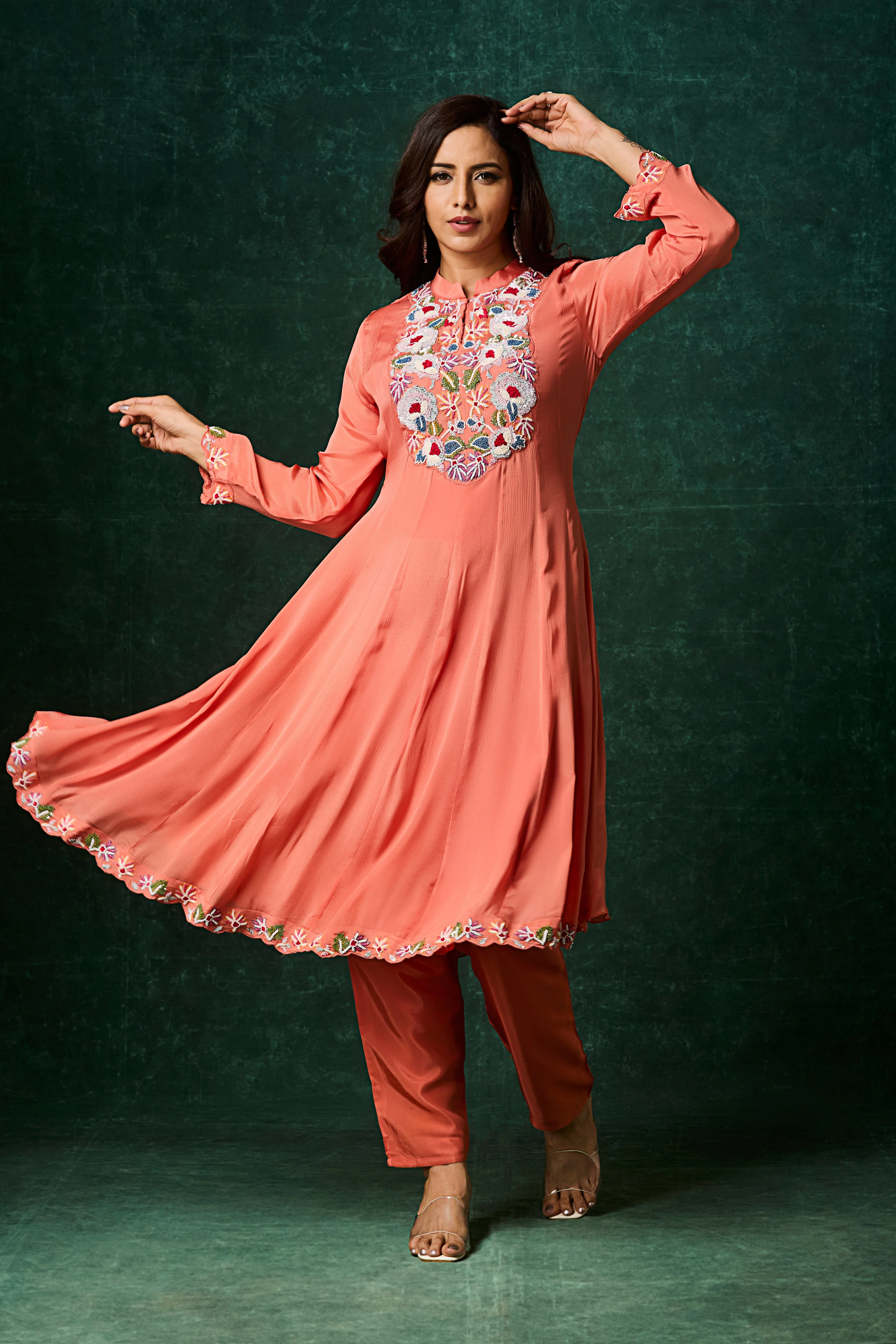 Peach Embellished Chinon Silk Anarkali Set - Image 3