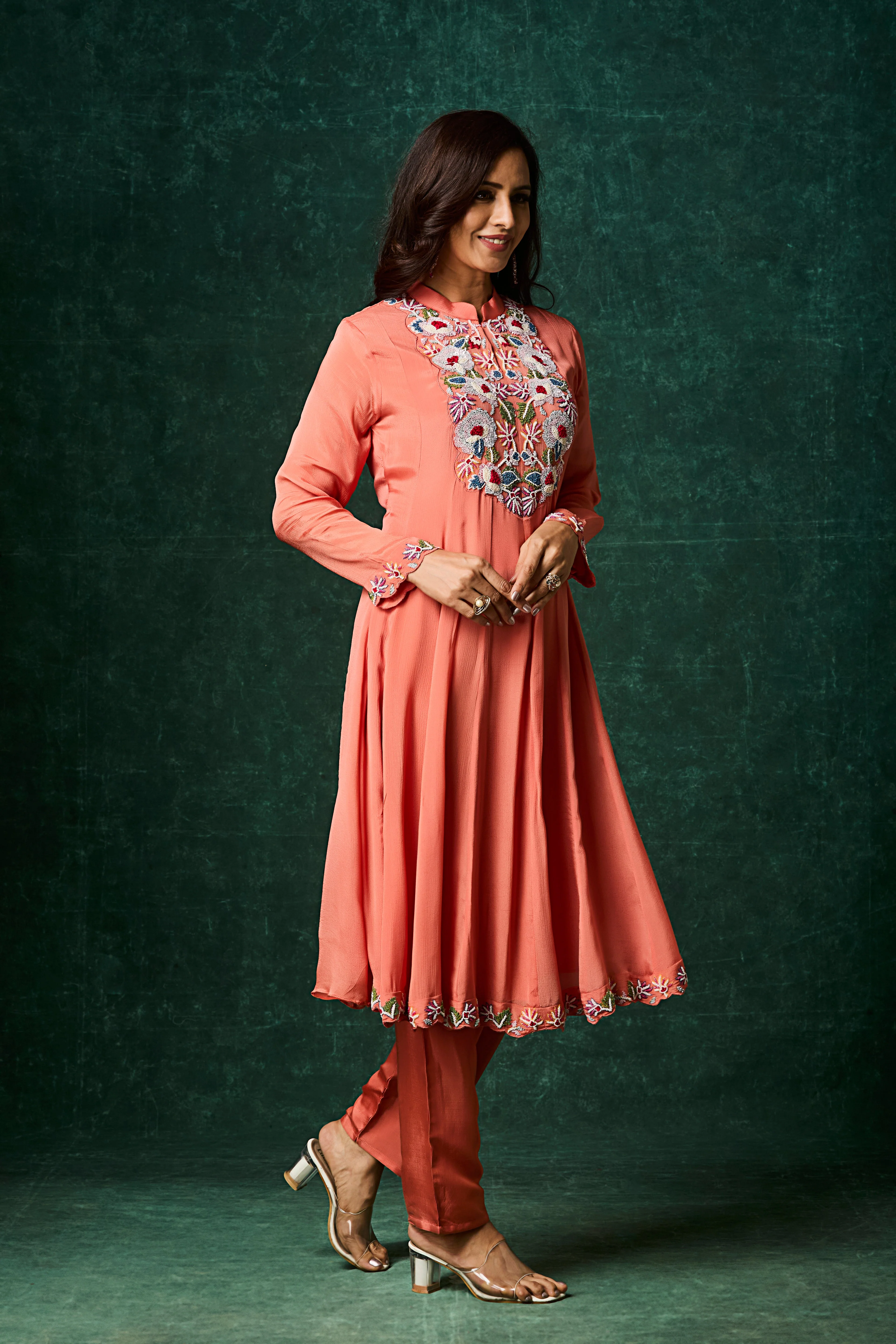 Peach Embellished Chinon Silk Anarkali Set - Image 4
