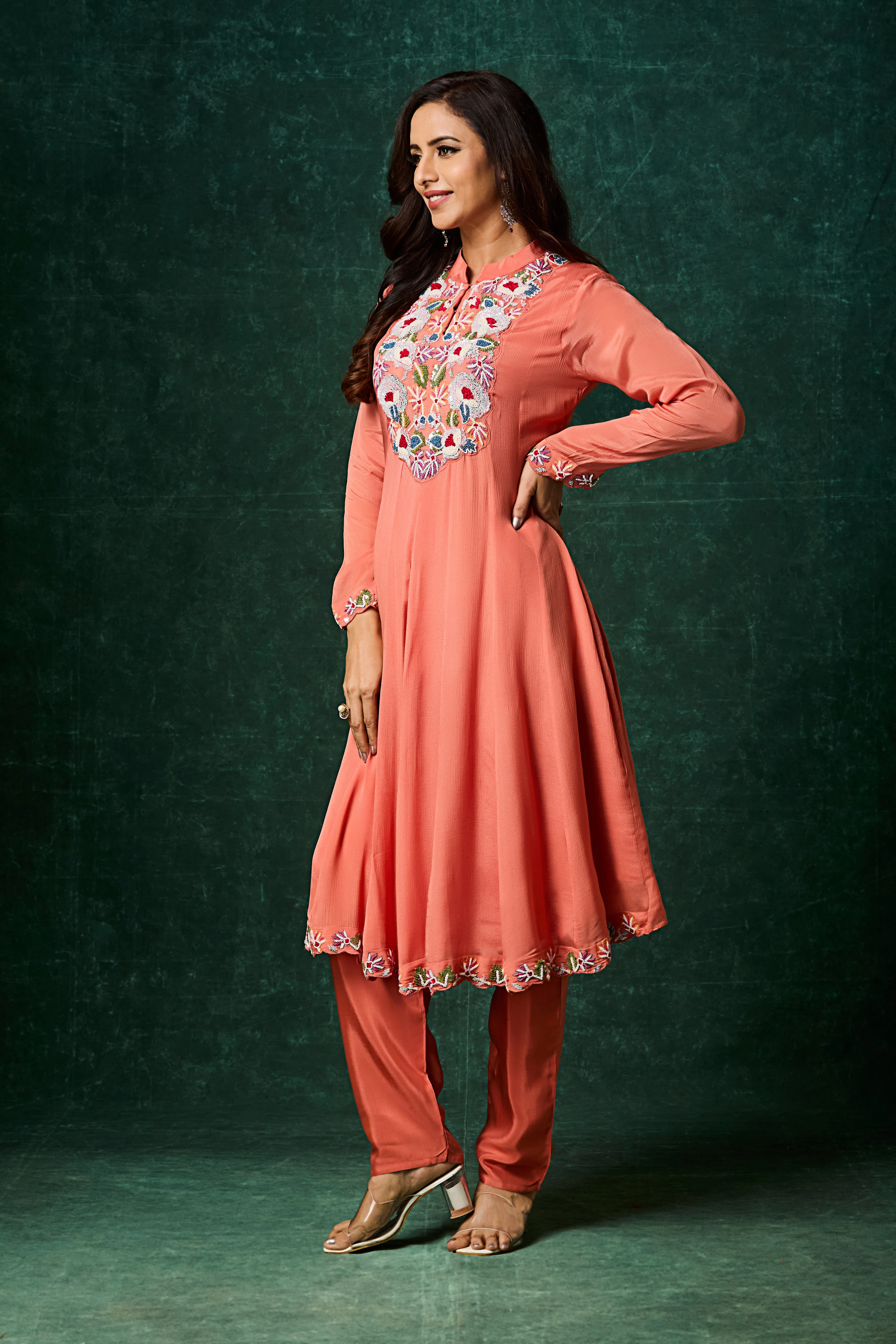 Peach Embellished Chinon Silk Anarkali Set - Image 5