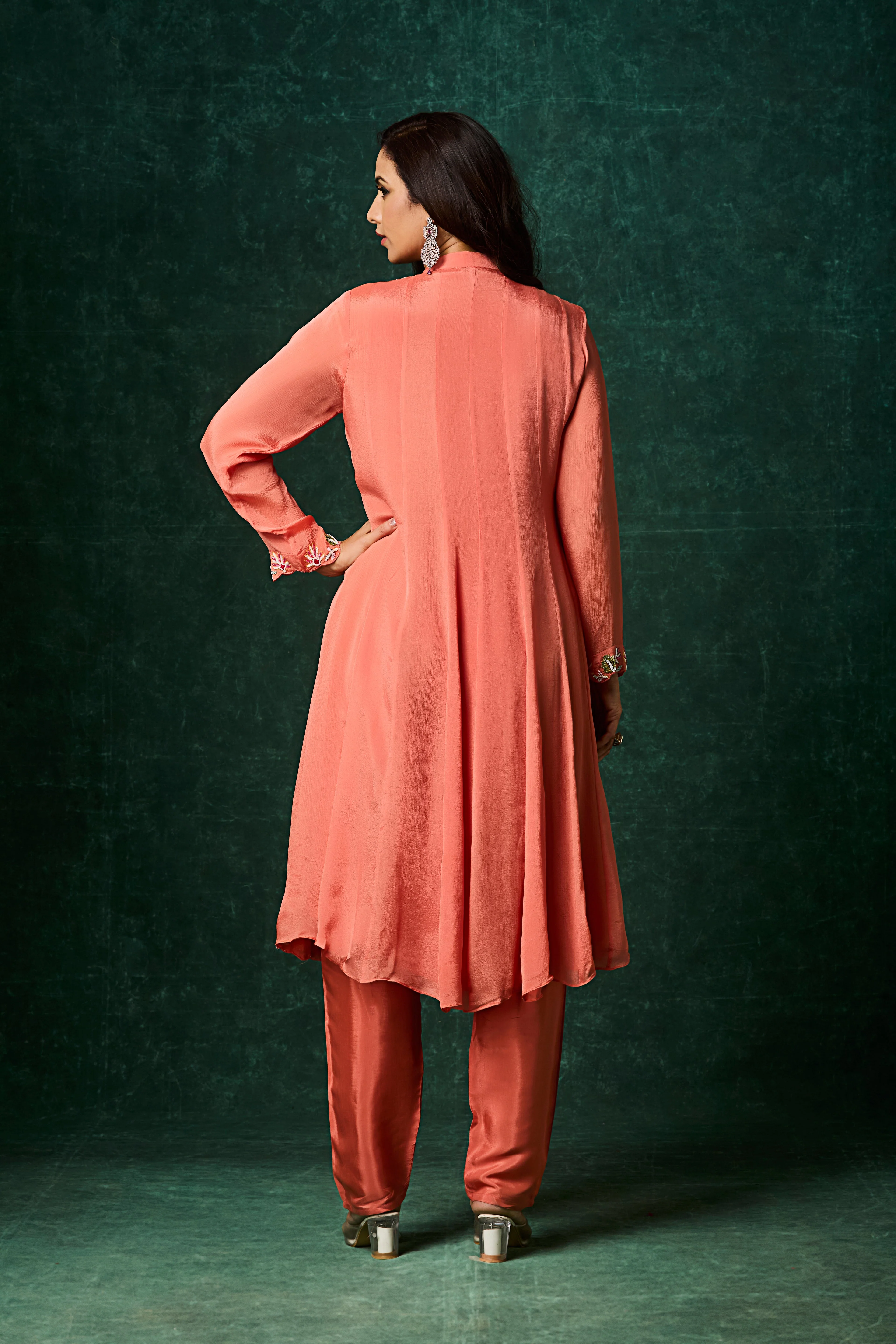 Peach Embellished Chinon Silk Anarkali Set - Image 6