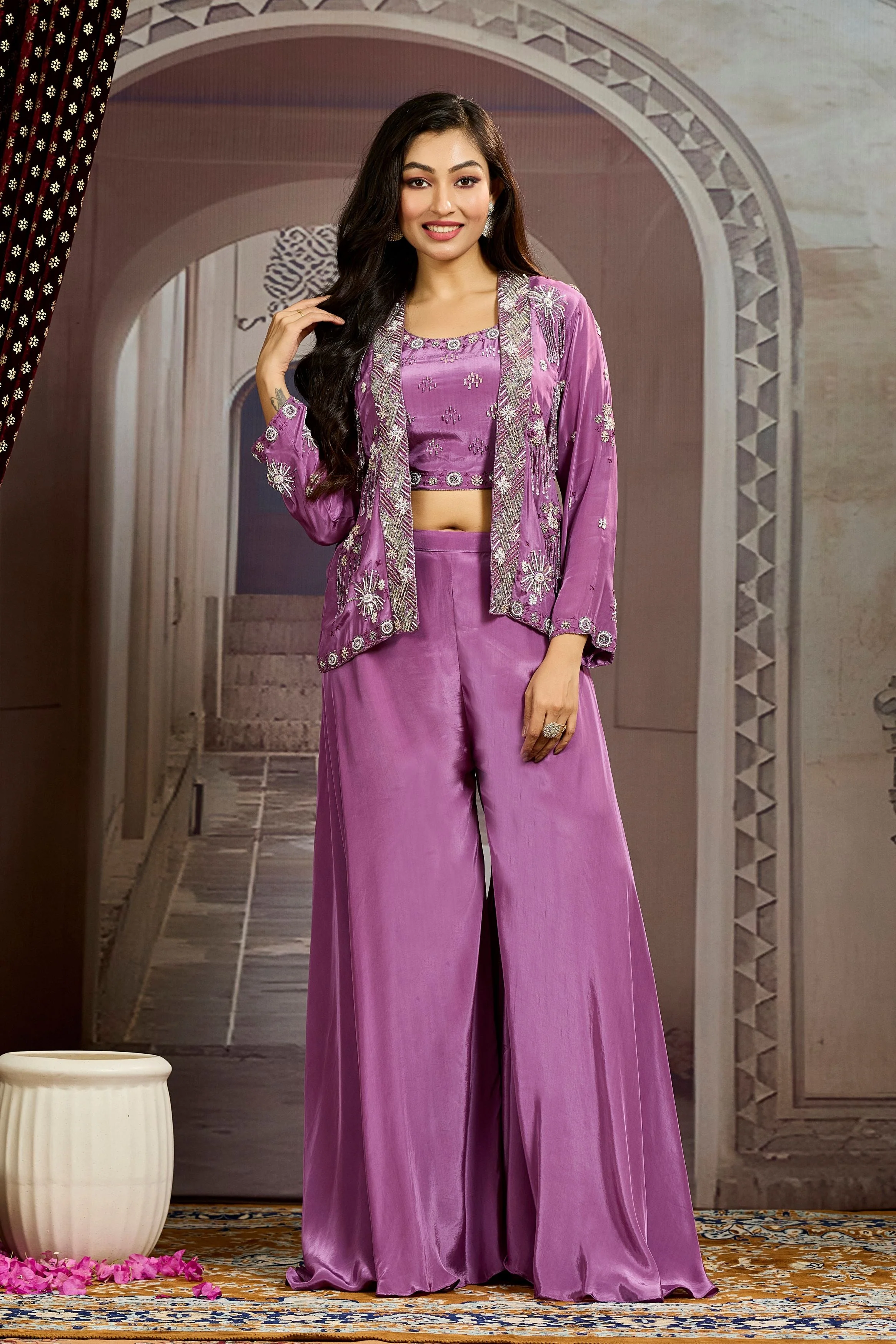 Bright Purple Embellished Chinon Silk Jacket Sharara Set - Image 3