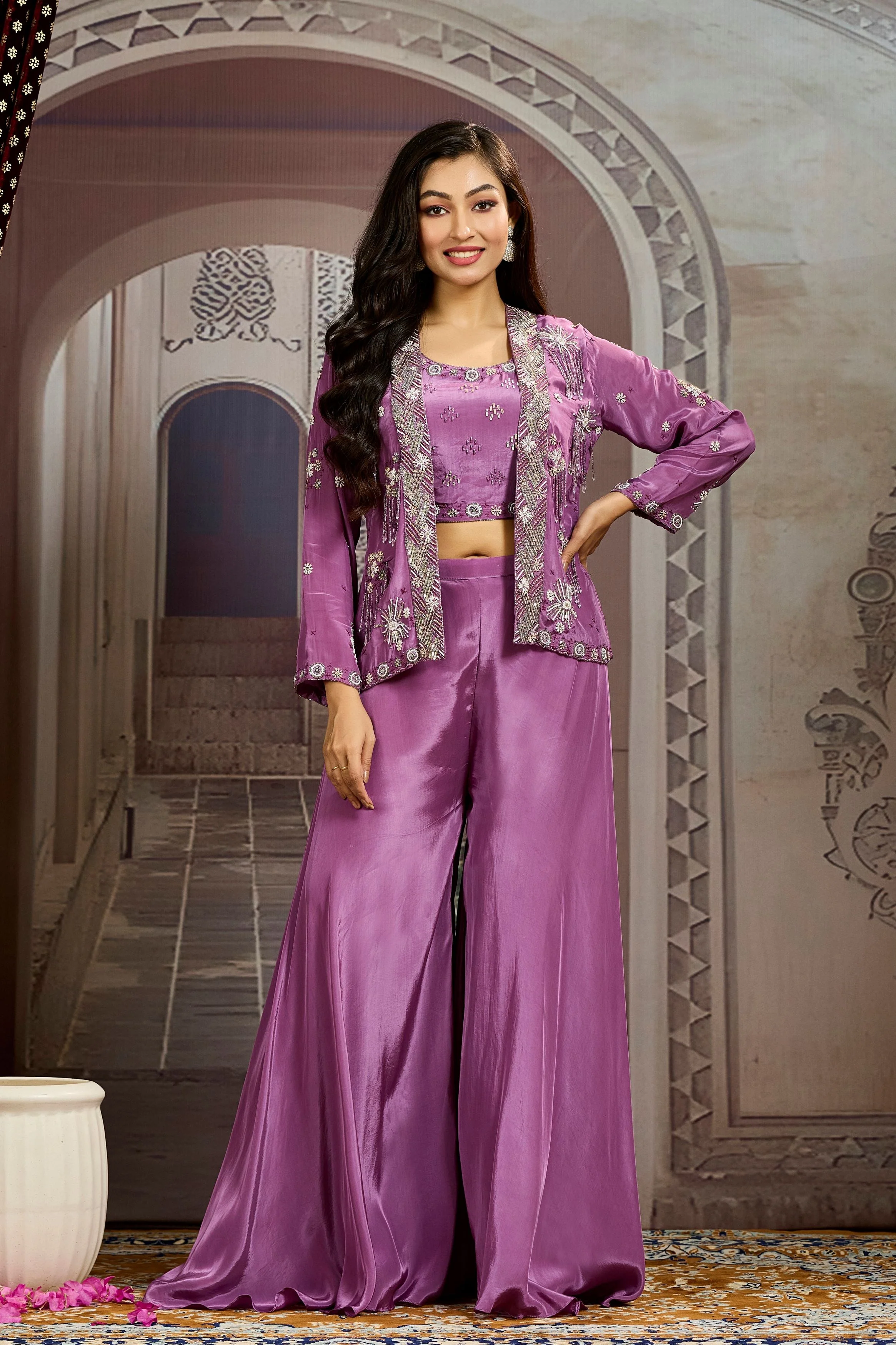 Bright Purple Embellished Chinon Silk Jacket Sharara Set - Image 4