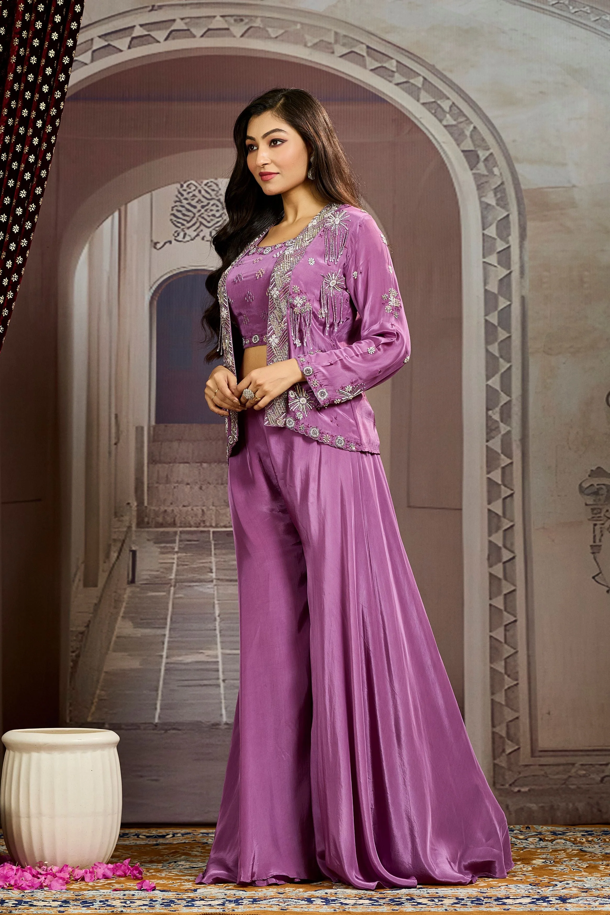 Bright Purple Embellished Chinon Silk Jacket Sharara Set - Image 5