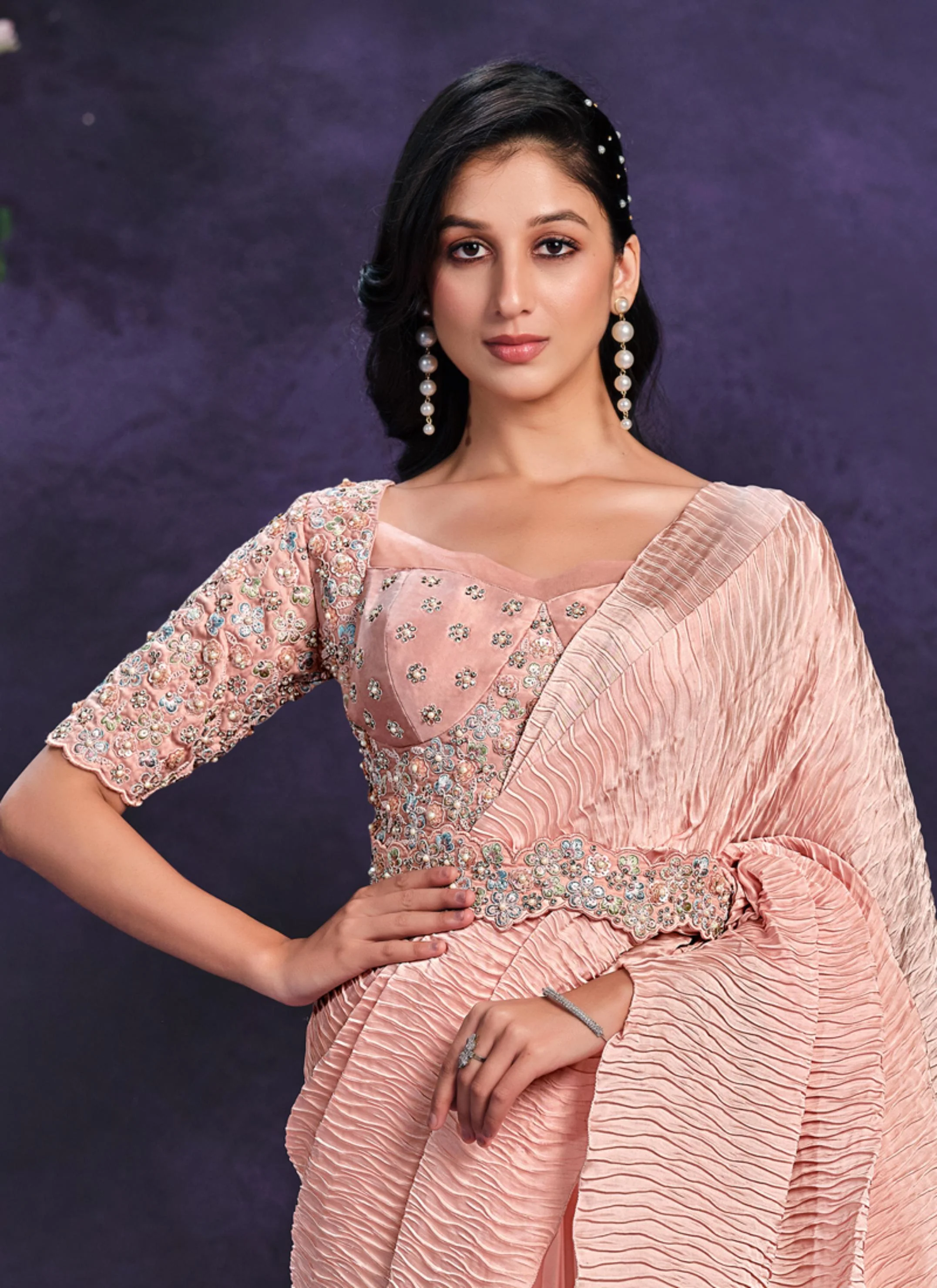 Peach Embellished Crape Satin Silk Saree - Image 2