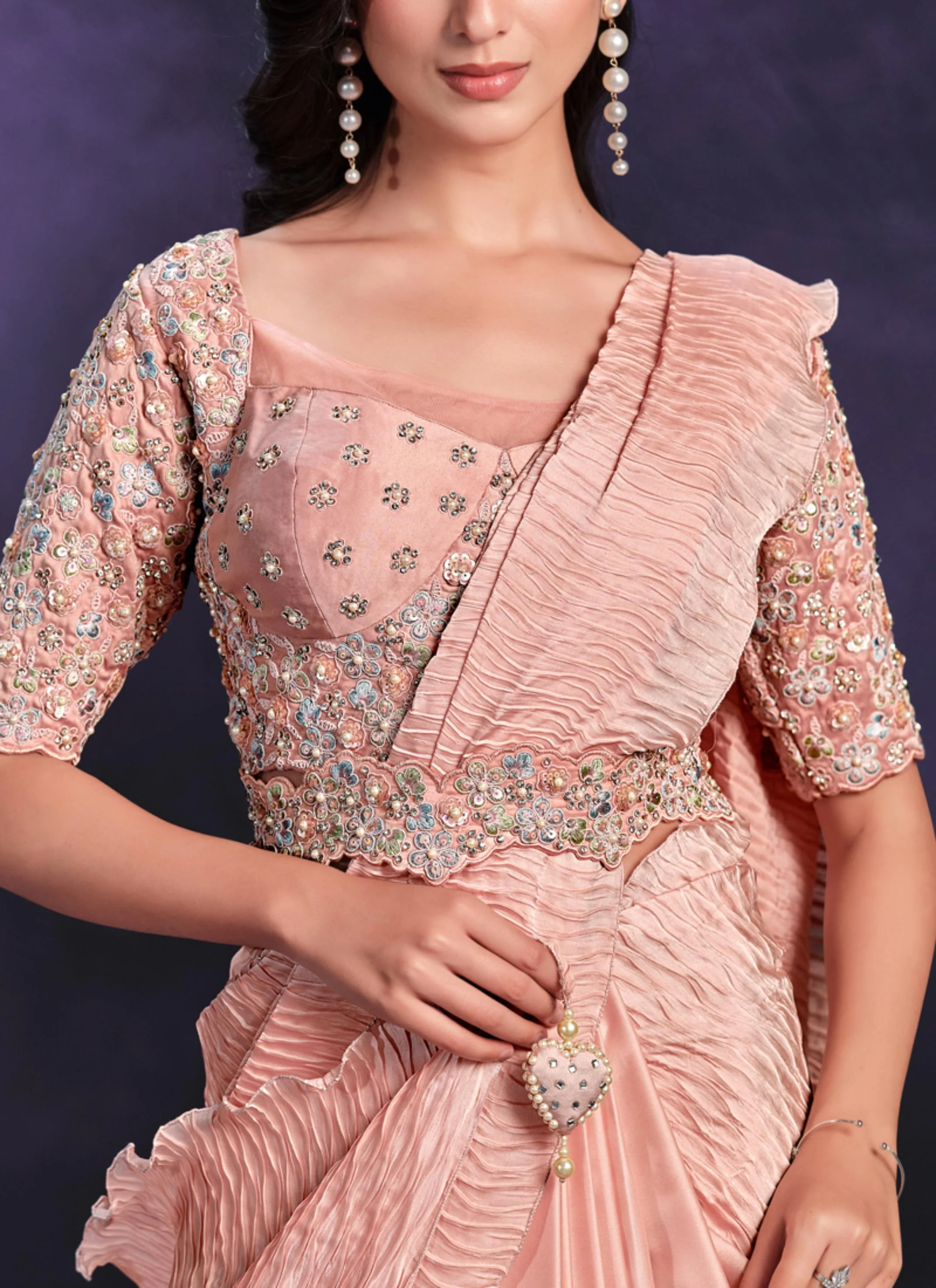 Peach Embellished Crape Satin Silk Saree - Image 3