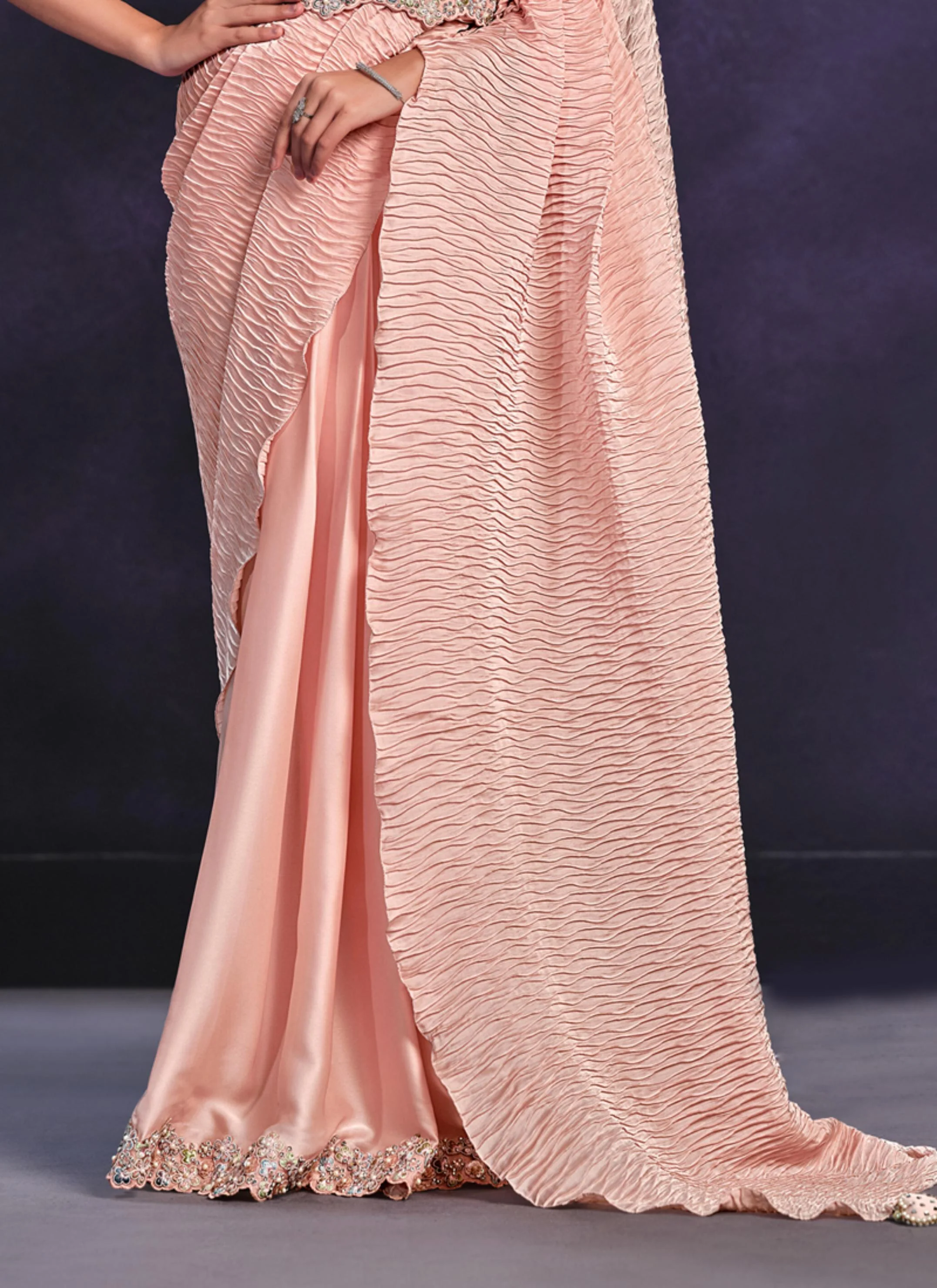 Peach Embellished Crape Satin Silk Saree - Image 4