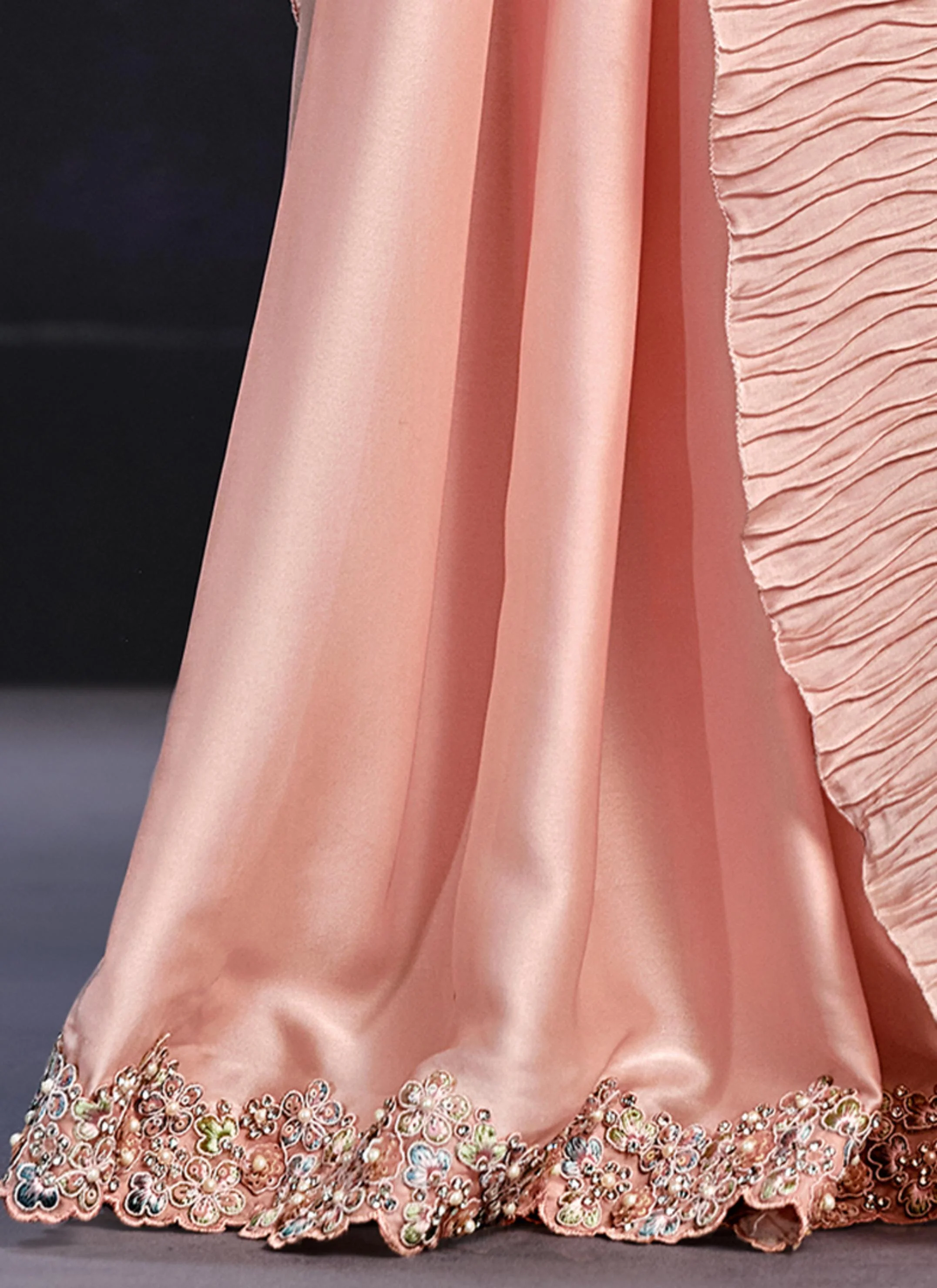 Peach Embellished Crape Satin Silk Saree - Image 6
