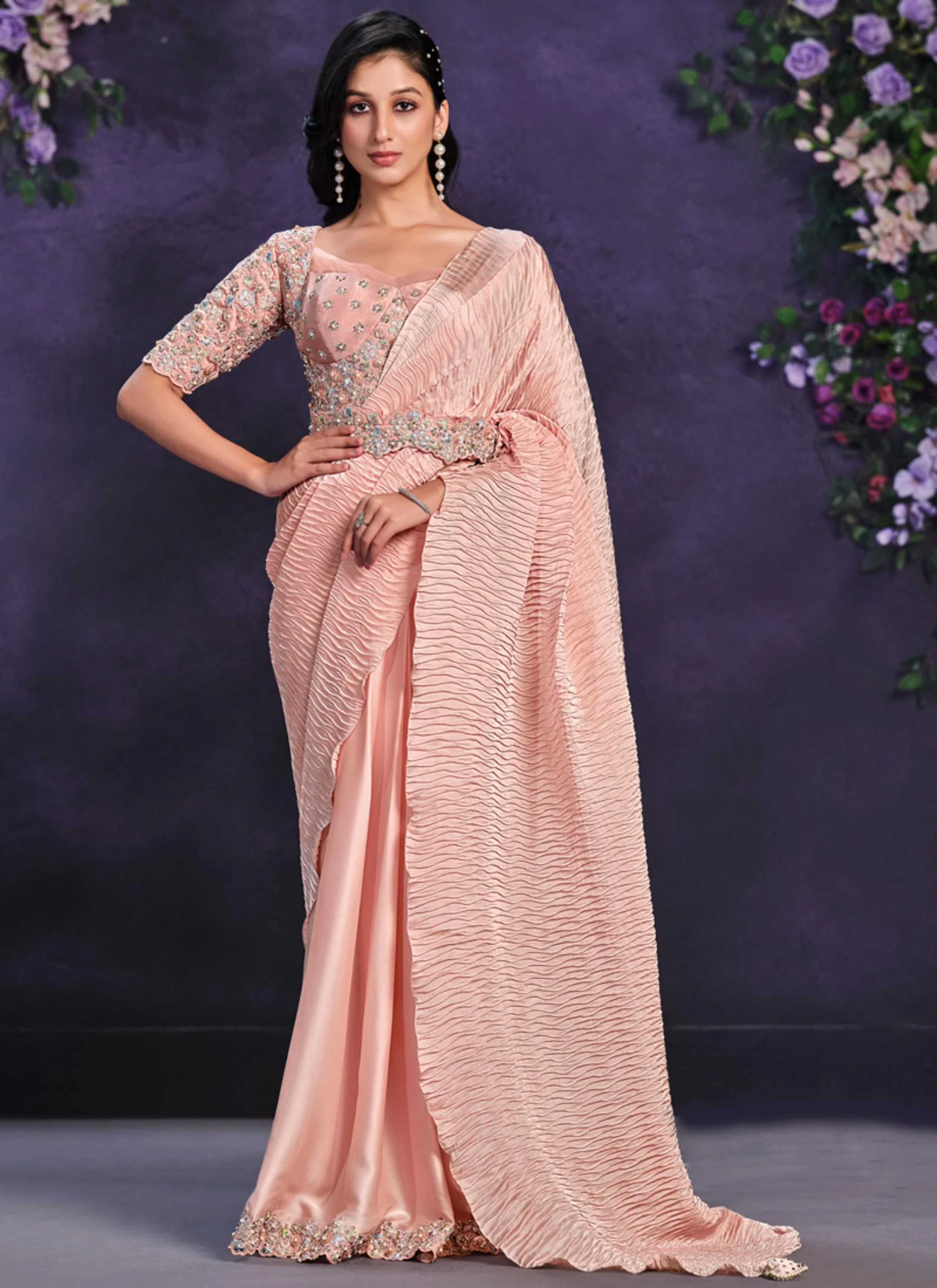 Peach Embellished Crape Satin Silk Saree - Image 7