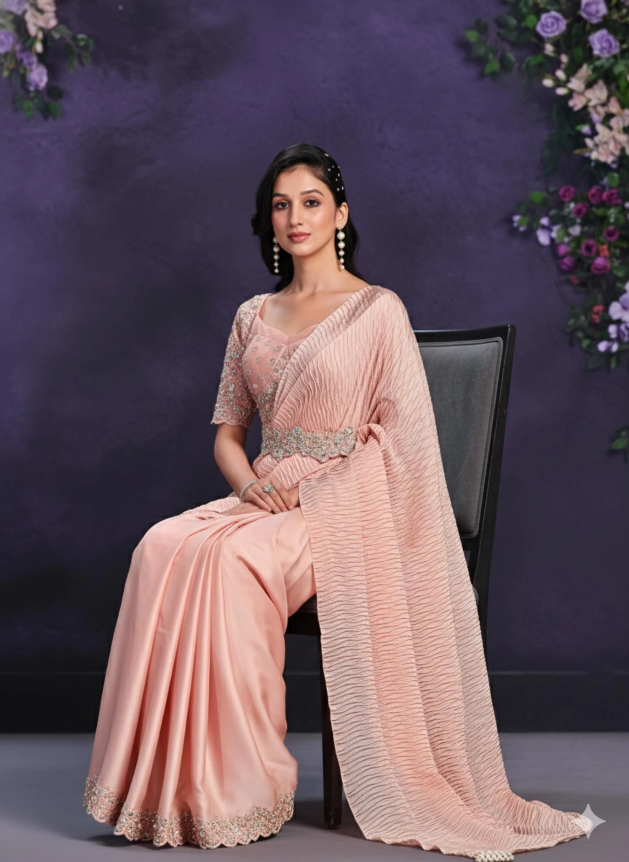 Peach Embellished Crape Satin Silk Saree - Image 8