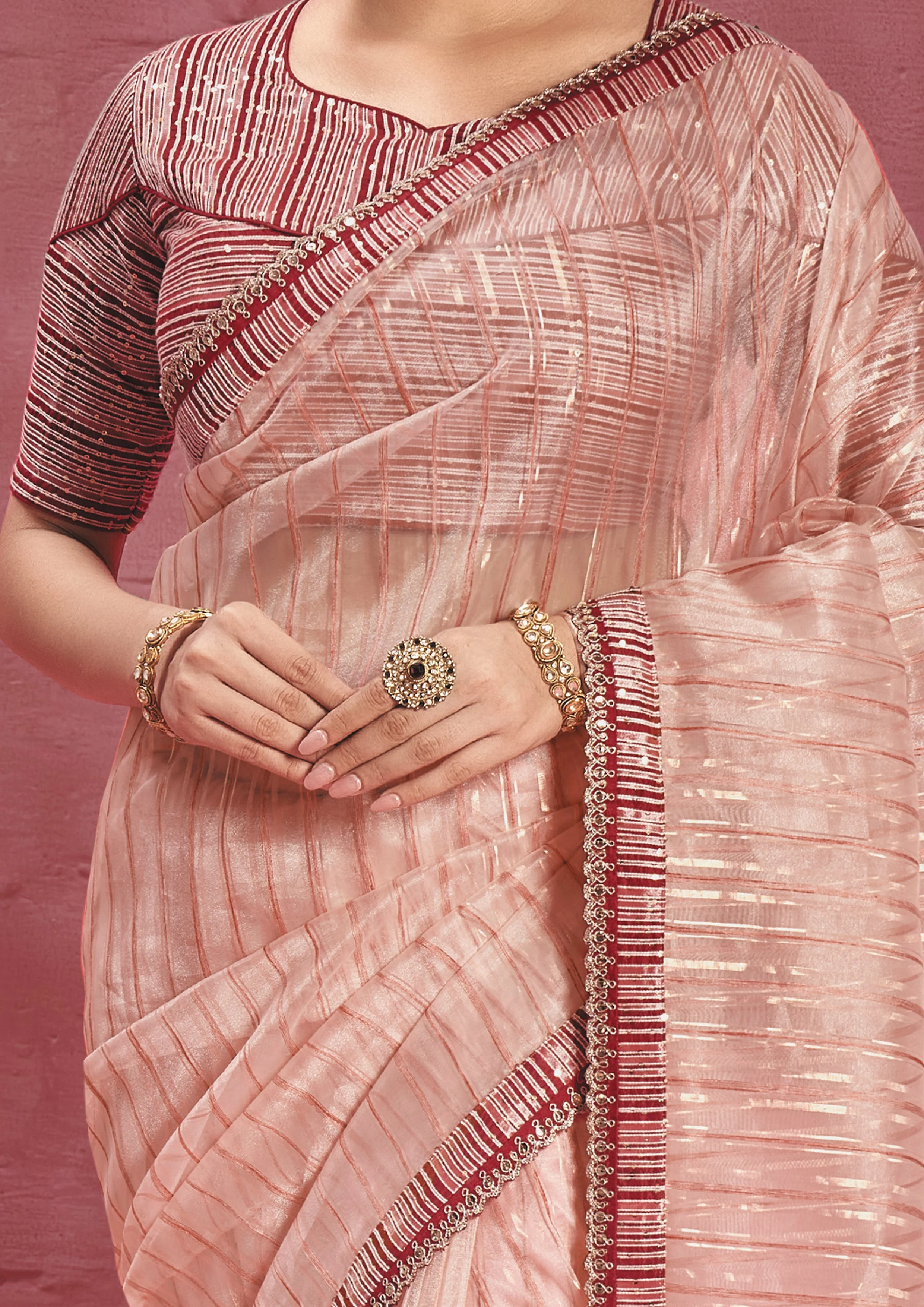Peach Embellished Organza Silk Saree - Image 2